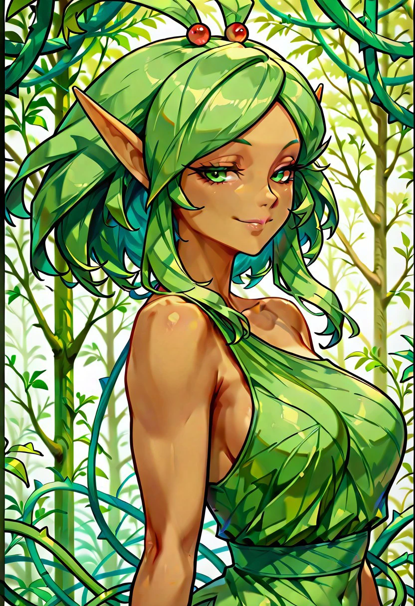 absurdres, 4k res, high quality, score_7_and_above, 1girl, solo, masterpiece, challua_wf, green hair, tan skin, green eyes, pointy ears, leaf dress, hair ornament, portrait, seductive smile, highly detailed, side view, looking at viewer, good eyes, belly focus, vines