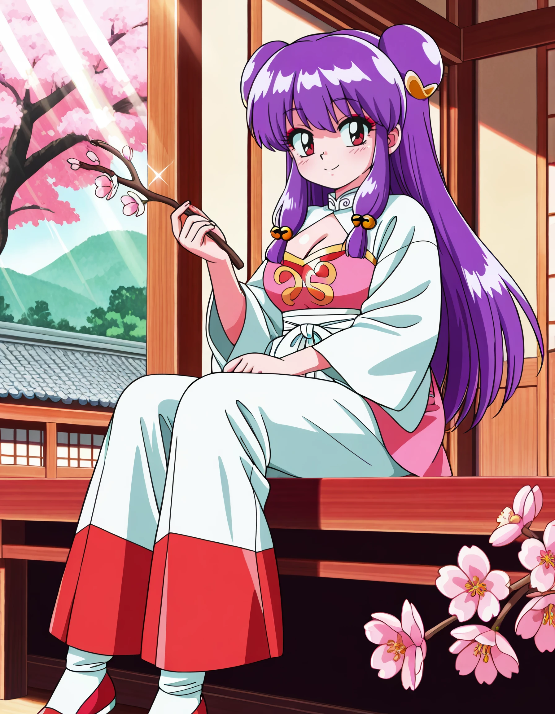 There is a girl with purple hair cartoon dressed, vestido chino, Delantal Hanbok, traje chino, Traje tradicional chino, Primer plano - Ver, hanbok, wearing ancient traje chino ajustado, with ancient traje chino ajustado, palacio, Una chica en Hanfu, Hanfu blanco, cheongsam, con flores rosadas Chiton, Sala de sombras, borde ligero, Two tone lighting, (piel con alto detalle: 1.2), 8k UHD, digital slr camera, Luz tenue, alta calidad, volumetric lighting, vistazo, foto, high resolution, 4k, 8k, bokeh de fondo  