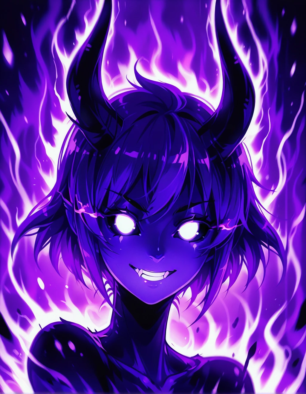 phnk, 1girl, solo, looking at viewer, smile, short hair, purple eyes, purple hair, horns, teeth, grin, glowing, colored skin, monster girl, portrait, glowing eyes, colored sclera, black sclera, aura, white eyes, purple theme