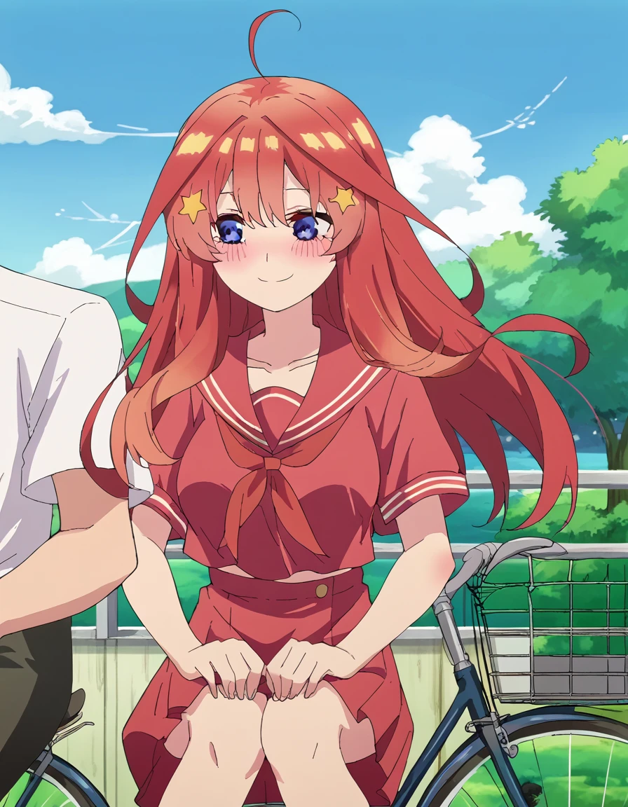 score_9, score_8_up, score_7_up, source_anime, <lora:itsuki-nakano-s2-ponyxl-lora-nochekaiser:1>, itsuki nakano, bangs, long hair, blue eyes, hair between eyes, ahoge, red hair, star (symbol), hair ornament, star hair ornament, large breasts, anime screencap, <lora:pillion-ponyxl-lora-nochekaiser:1>, pillion, brown eyes, hetero, couple, ground vehicle, riding, bicycle, multiple riders, outdoors, motion, floating hair, motion lines, hands on thighs,, school uniform, serafuku, gakuran, faceless, faceless male, bald, collarbone, blush, looking at another, smile, cowboy shot, knees,,