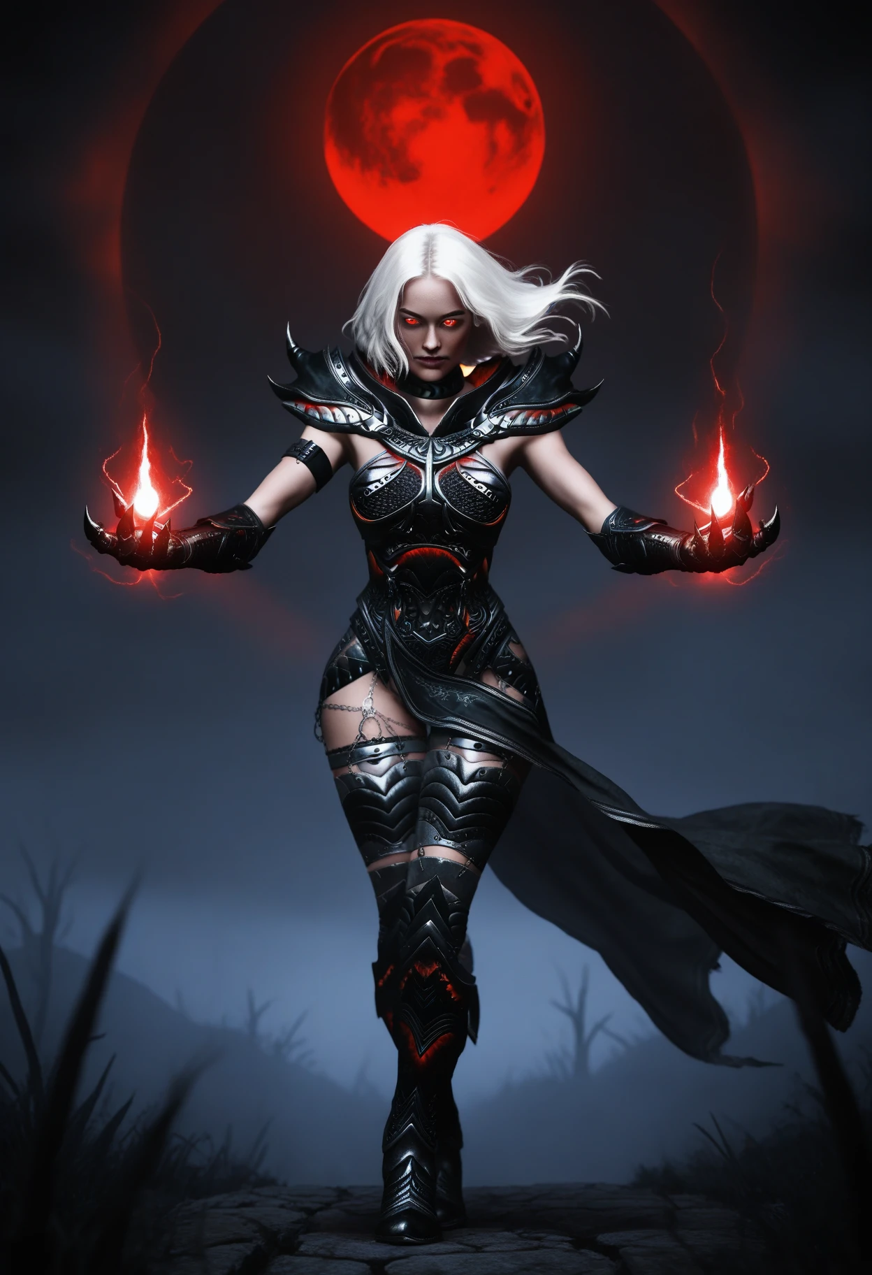 ((masterpiece, best quality, absurdres)),
1girl, solo, white hair:medium hair:floating hair, red eyes:glowing eyes,
medieval, dark, fog, red moon, wind,
simple background, depth of field,
smirk, facing down, looking at viewer,
((floating:levitation)), crossed legs, outstretched arms, casting spell:aura:magic:fire,
full body,
<lora:Dark_DaedricReaper_Illust_v1:0.9> d4rkr34p3r, armor:pauldrons, choker, gauntlets, chain:thighhighs, half-skirt, high heel boots,