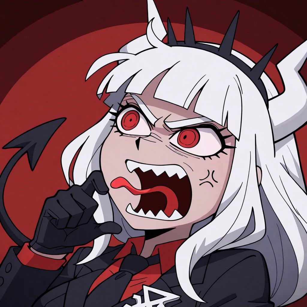 masterpiece, best quality, newest, absurdres, highres, anime, anime style, REEEEEEEEEEEEE-V1.1, angry, scream, tongue, tongue out, open mouth, anger vein, 1girl, lucifer \(helltaker\), black suit, red necktie, black collared shirt, black gloves, blunt bangs, demon horns, demon girl, demon tail, sharp teeth, red eyes, white hair, long hair