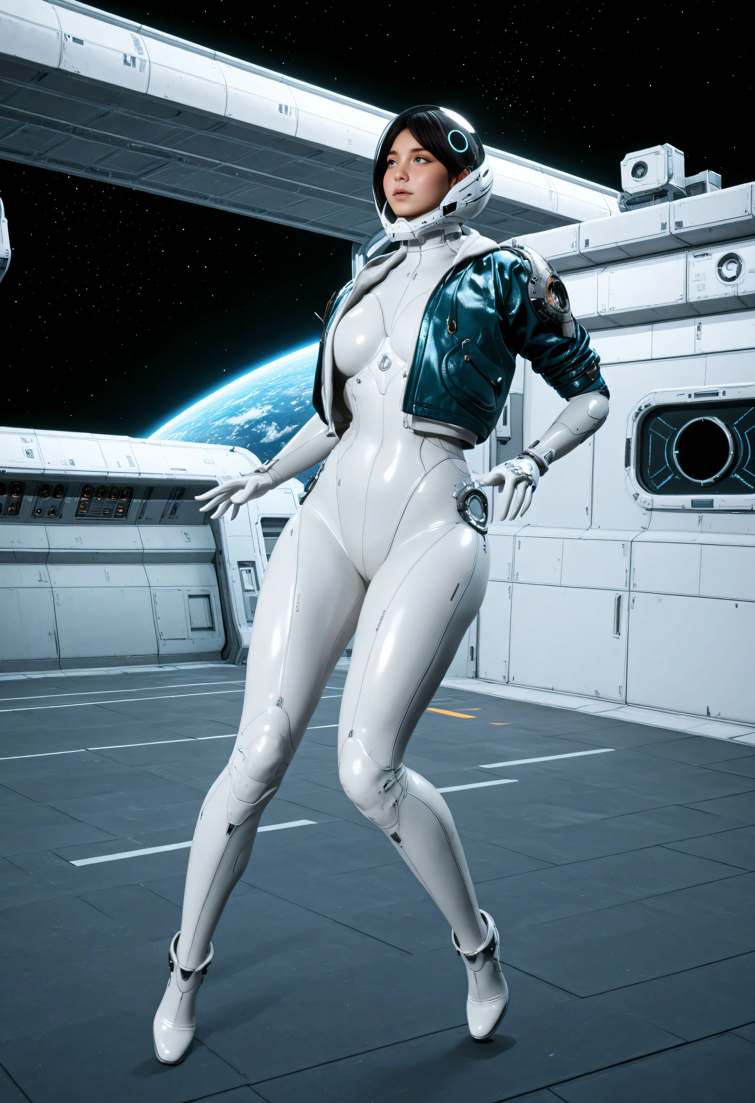 masterpiece:1.4, 1girl in ((20yr old, Wearing a futuristic white and silver costume, Tight Fit Bodysuit, long boots, Very gigantic-breasts, Multicolored blonde hair, a short bob, Perfect model body, Blue eyes:1.4, Wearing headphones, Flirting, Looking out the window of the futuristic sci-fi space station、While admiring the beautiful galaxy:1.2, SFSF control room on night background:1.1, Neon and energetic atmosphere:1.2)) ((Galaxy)) ((Solo:1.6))