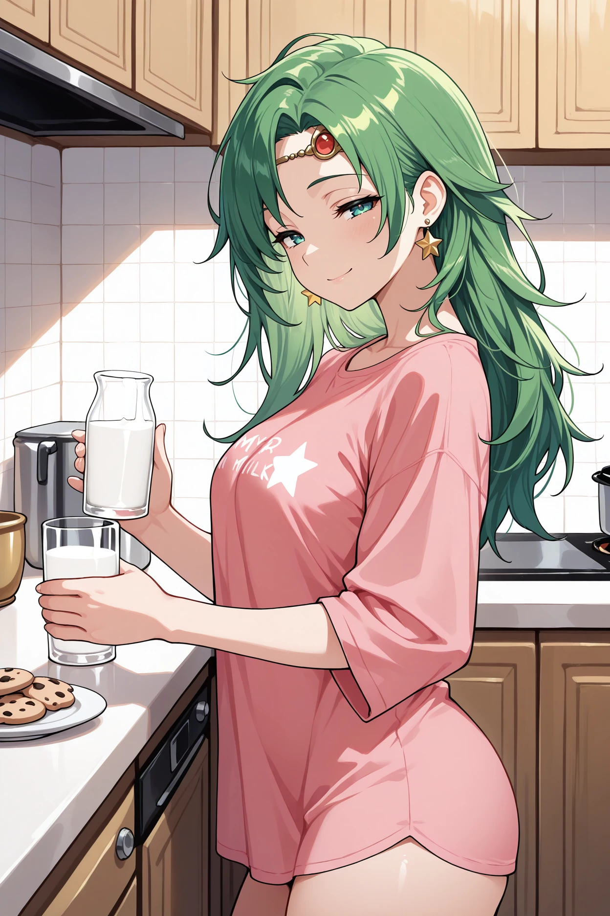 masterpiece, best quality, 1girl, solo <lora:ffrydia-illu-nvwls-v1-000006:1> ryd1a, green hair, long hair, circlet, star earrings, pink t-shirt, long shirt, kitchen, glass of milk, no pants, looking at viewer, smile, half-closed eyes, from side, plate, cookies