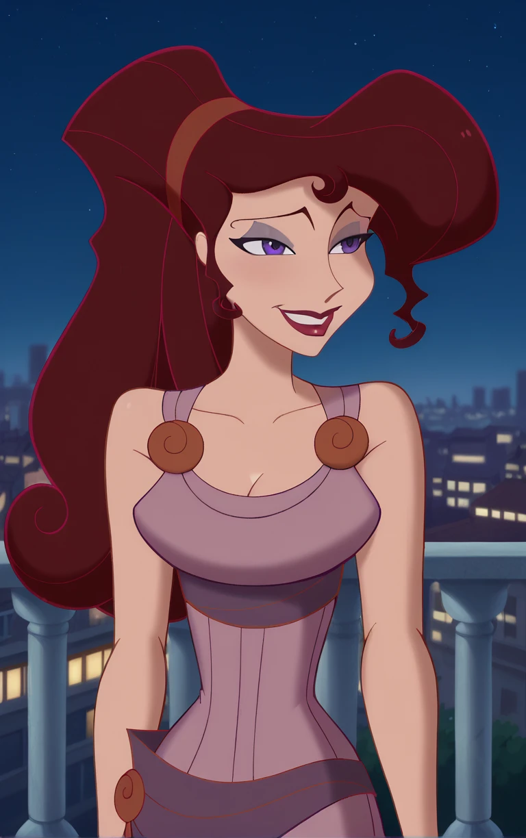 score_9, score_8_up, score_7_up, BREAK
MainOutfit_Megara_ownwaifu,
1girl, big hair, breasts, curly hair, eyelashes, hair bun, high ponytail, long hair, makeup, narrow waist, purple eyes, purple eyeshadow, red hair, red hairband, red lips, lipstick, medium breasts, dark skin, dark-skinned female, hair over one eye, collarbone,
purple dress, sleeveless dress, cleavage, clothes around waist, sleeveless, bare shoulders, long dress,
(standing, arm_support), railing, cityscape, night, city, city lights, scenery, starry sky, vanishing point, outdoors, <lora:PONYXL_Hercules_Megara_ownwaifu:1> , depth of field, solo,