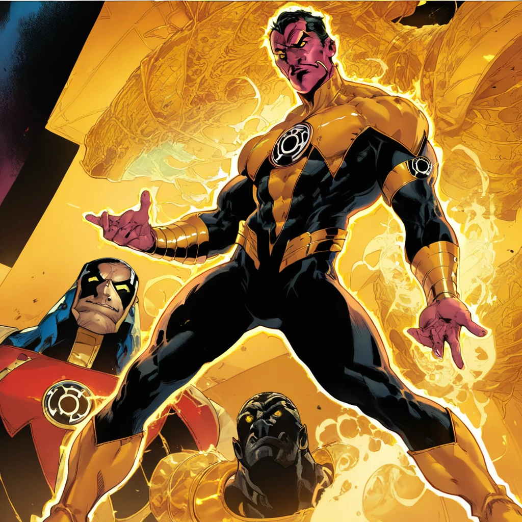 score_9, score_8_up, score_7_up , masterpiece, beautiful,1 male,shor hair, yellow eyes, black hair, muscular, SinestronCOS,thighhighs,skin tight,bodysuit,superhero,black bodysuit,yellow bodysuit,sinestrocorps symbol on chest, vambraces, knee boots, yellow boots,2 sinestrocorps symbols on chest,gold vambraces, comic art style,