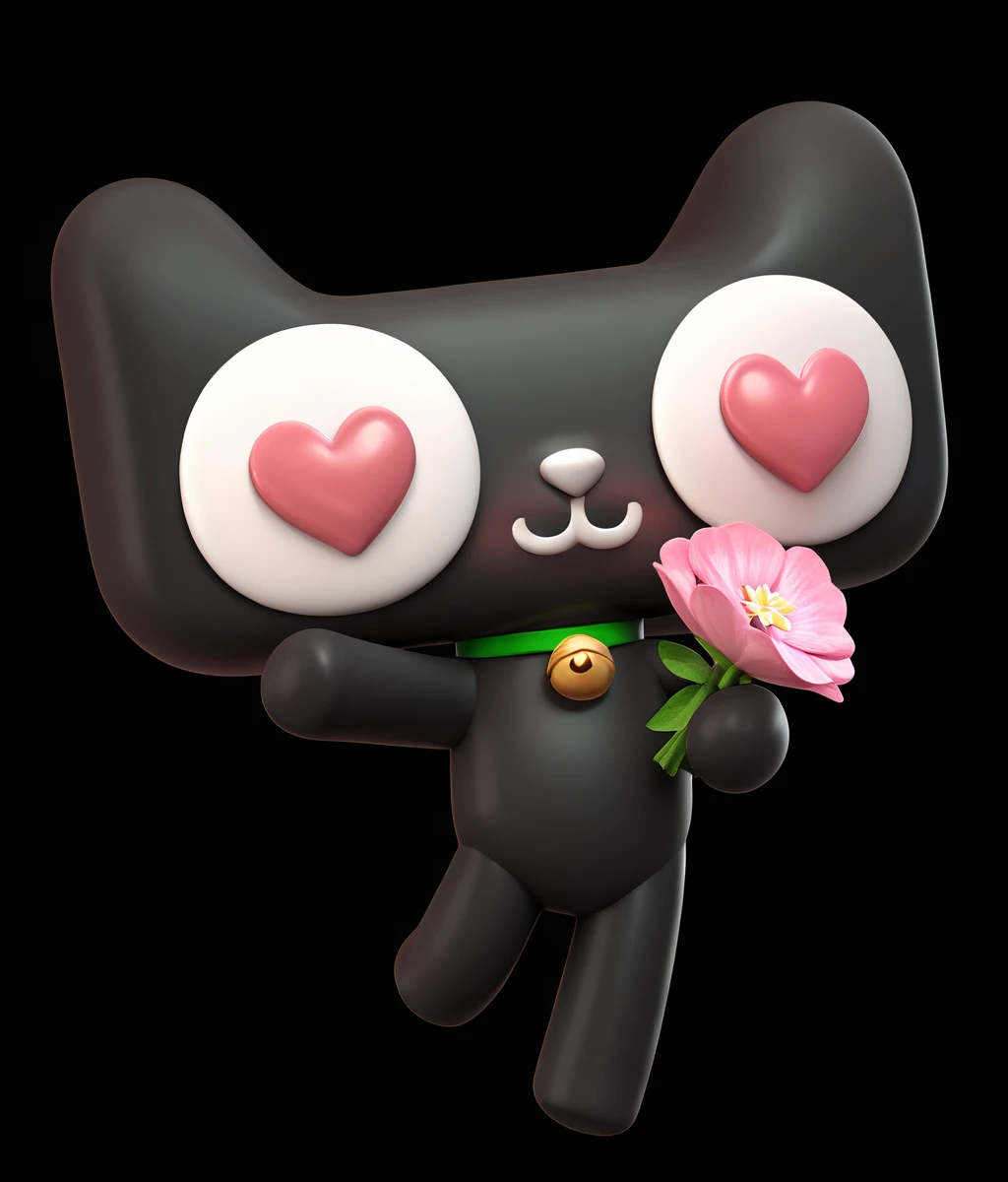 Score_9,score_8_up,score_7_up,solo,:3,heart-shaped pupils,blush,big eyes,white nose,black skin,green choker,bell,no_humans,<lora:Role_Tmall:0.8>,black background,too many hearts,holding flower,