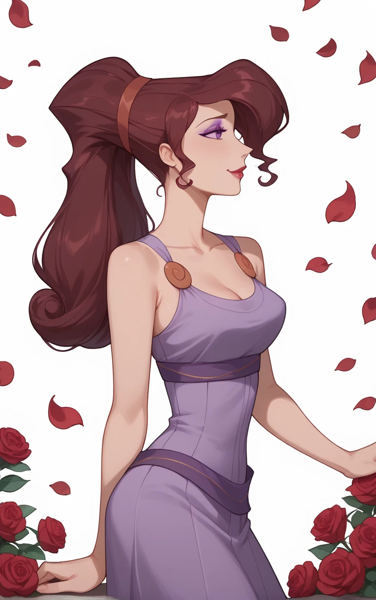 score_9, score_8_up, score_7_up, BREAK
MainOutfit_Megara_ownwaifu,
1girl, big hair, breasts, curly hair, eyelashes, hair bun, high ponytail, long hair, makeup, narrow waist, purple eyes, purple eyeshadow, red hair, red hairband, red lips, lipstick, medium breasts, dark skin, dark-skinned female, hair over one eye, collarbone,
purple dress, sleeveless dress, cleavage, clothes around waist, sleeveless, bare shoulders, long dress,
(contrapposto, from side, looking down, cowboy shot), falling petals, red petals, simple background, bokeh, <lora:PONYXL_Hercules_Megara_ownwaifu:0.9>, solo,