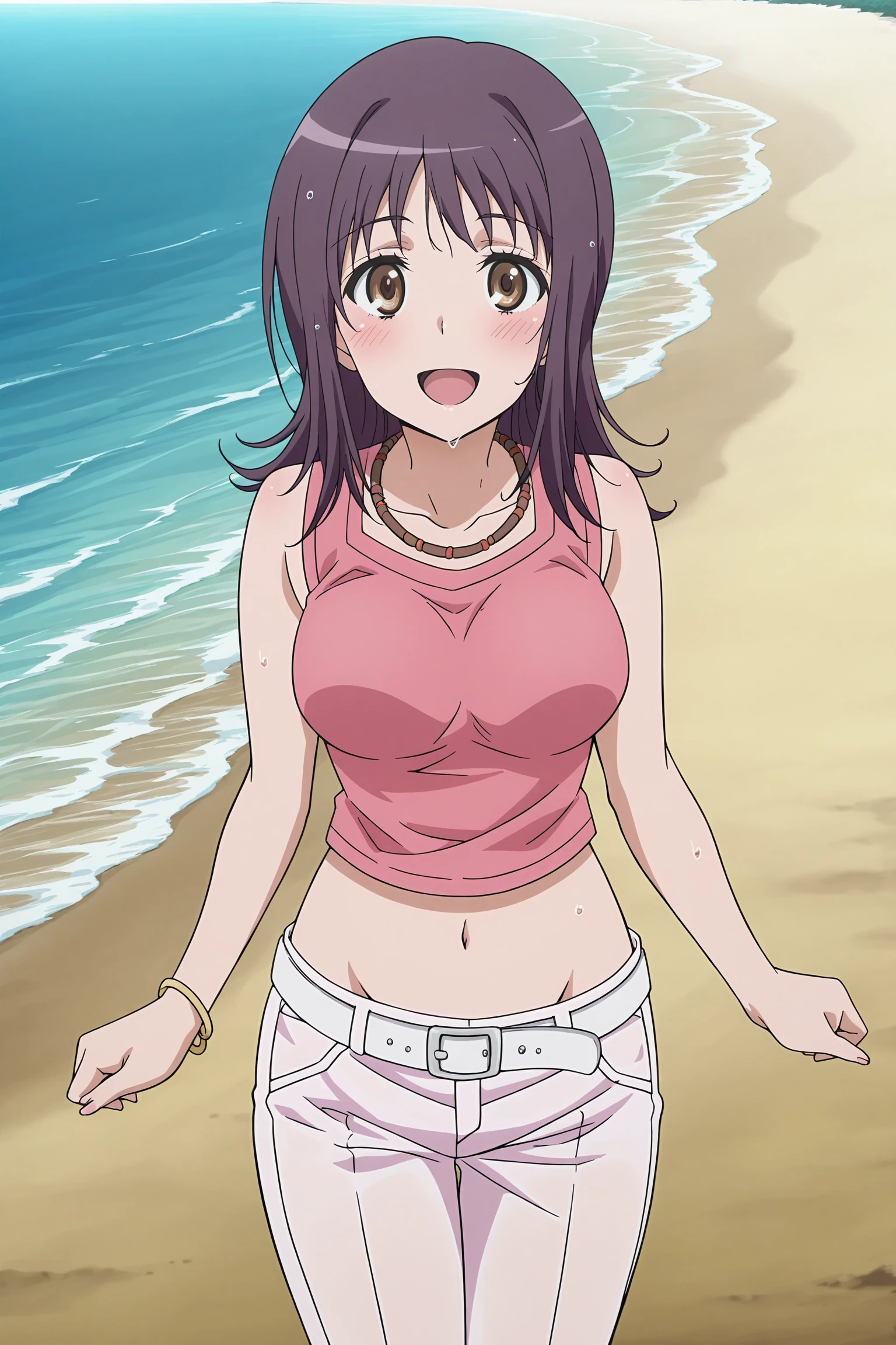anime coloring, anime screencap, masterpiece, detailed face,
<lora:Itsuwa_A_Certain_Magical_Index:.7>
mature woman, 1girl, solo, navel, midriff, jewelry, brown eyes, purple hair, shorts, outdoors, belt, bracelet, shirt, sleeveless, sleeveless shirt, water, beach, groin, standing, wet, breasts, blush, medium hair, pink shirt, long hair, necklace, medium breasts, crop top, collarbone, white belt, Itsuwa pink shirt white pants (outfit), big smile, happy girl, mouth open, :D, facing the viewer, looking at the viewer