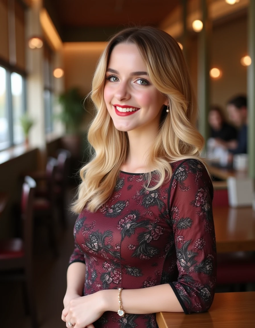 <lora:Mckenna_Grace_Flux:1> beautiful detailed photograph, blonde hair cascading over her shoulders, wearing a boat neck dress, standing in cafe looking at the viewer, smile