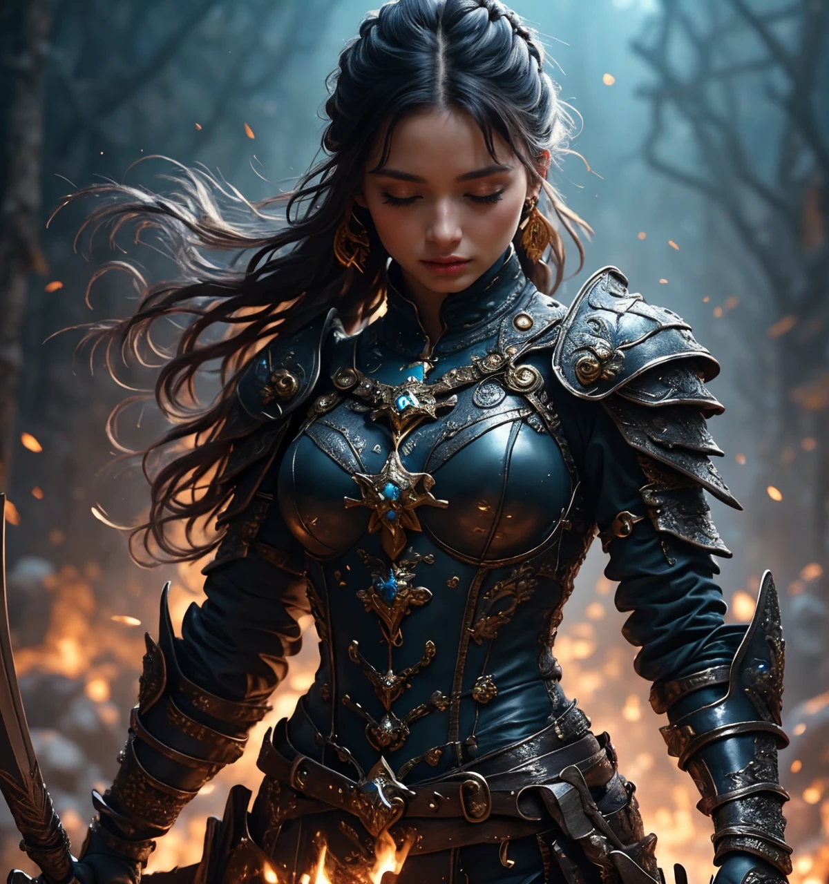 RAW photo, (masterpiece:1.3), subsurface scattering, heavy shadow, (high quality:1.4), (intricate, high detail:1.2), professional photography, HDR, High Dynamic Range, realistic, ultra realistic, photorealistic, high resolution, film photography, ambient lighting, atmospheric effects, <lora:detail_slider_v4:2>, OverallDetail, <lora:FemaleWarrior:1>,1girl, armor, belt, black hair, blonde hair, blue hair, blurry, braid, breastplate, closed eyes, closed mouth, cowboy shot, earrings, femwa, fire, gauntlets, gloves, holding, holding sword, holding weapon, jewelry, lips, long hair, looking at viewer, makeup, pauldrons, sheath, shoulder armor, solo, tattoo, weapon