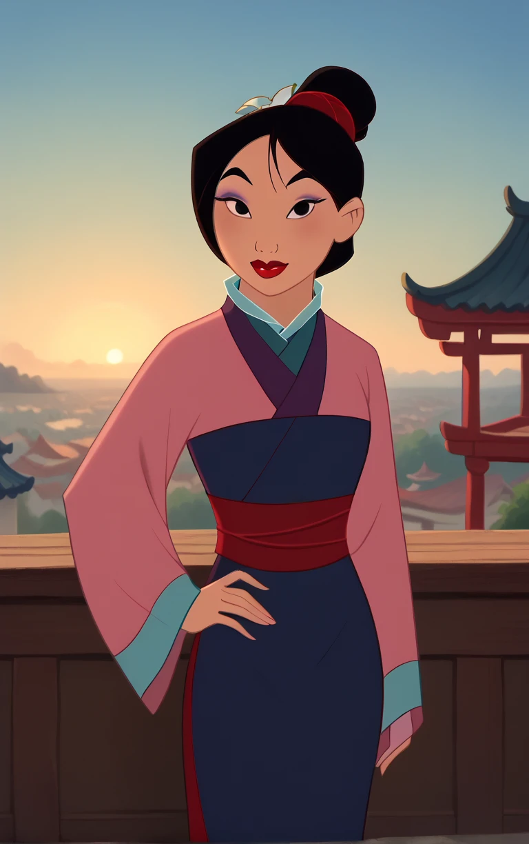 score_9, score_8_up, score_7_up, looking at viewer, BREAK
PinkDressHairTied_Fa_Mulan_ownwaifu,
1girl, black hair, single hair bun, black eyes, hair ornament, lips, short hair, hair flower, jewelry, lipstick, makeup, red lips,
pink dress, japanese clothes, kimono, sash, long sleeves, hanfu, chinese clothes, pink kimono, obi, sleeves past wrists,
(contrapposto, hand on hip), sunset, sidelighting, cityscape, vanishing point, outdoors, <lora:PONYXL_Fa_Mulan_Movie_ownwaifu:1> , depth of field, solo,