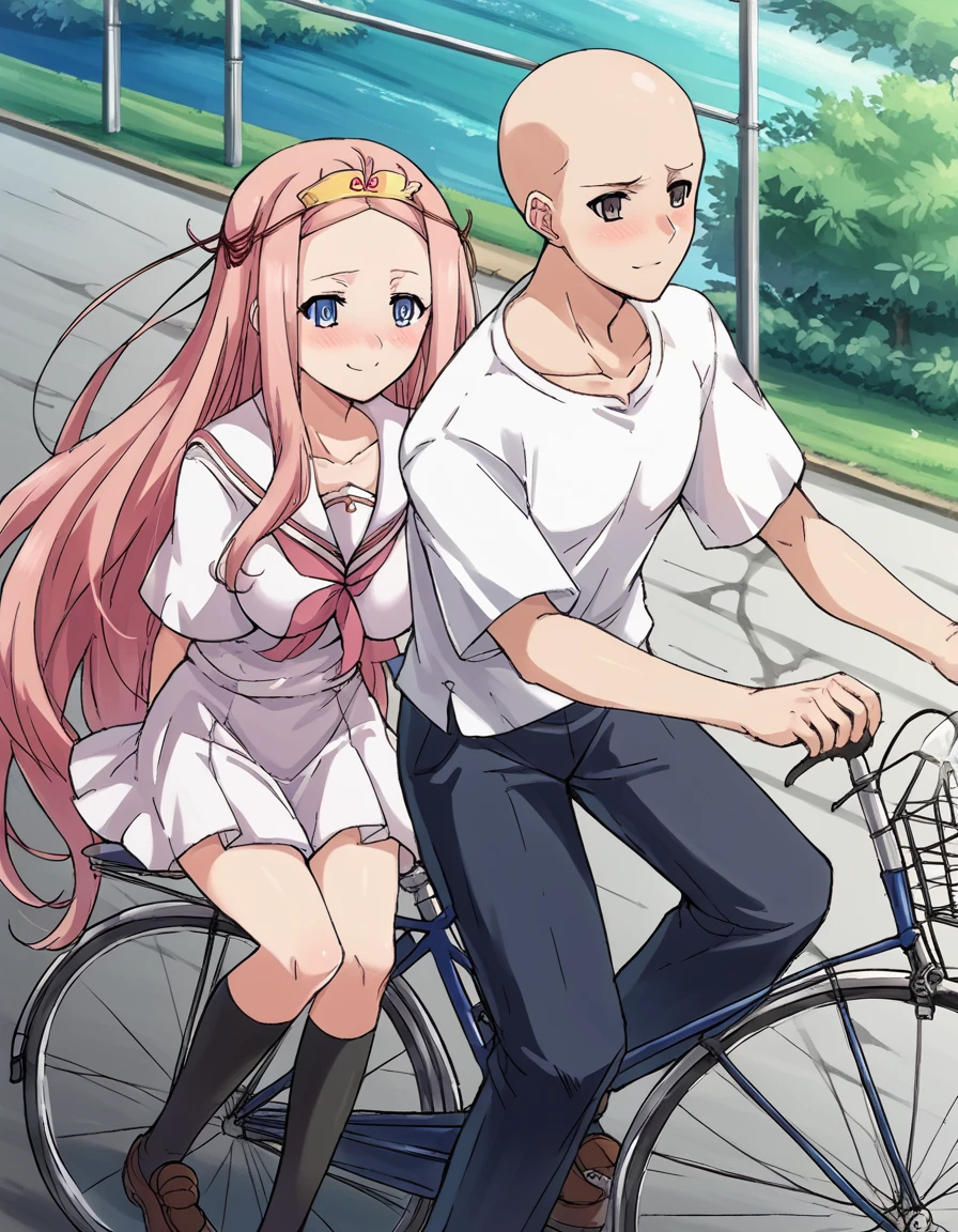 score_9, score_8_up, score_7_up, source_anime, <lora:prim-fiofire-ponyxl-lora-nochekaiser:1>, prim fiofire, long hair, blue eyes, very long hair, pink hair, large breasts, <lora:pillion-ponyxl-lora-nochekaiser:1>, pillion, brown eyes, hetero, couple, ground vehicle, riding, bicycle, multiple riders, outdoors, motion, floating hair, motion lines, hands on thighs,, school uniform, serafuku, gakuran, faceless, faceless male, bald, collarbone, blush, looking at another, smile, cowboy shot, knees,,