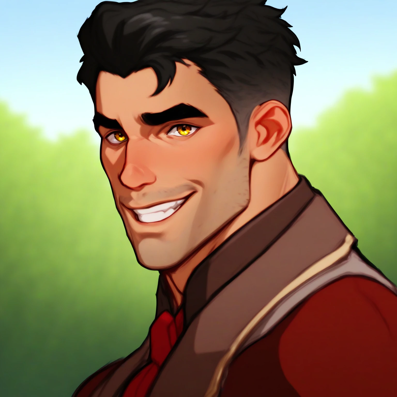 masterpiece, best quality, newest, absurdres, highres, (dizdoodz:.7),
male, solo, (bara), jayce talis, black hair, short hair, yellow eyes, red tie, outdoors, smile, upper body, looking at viewer, close up, side view