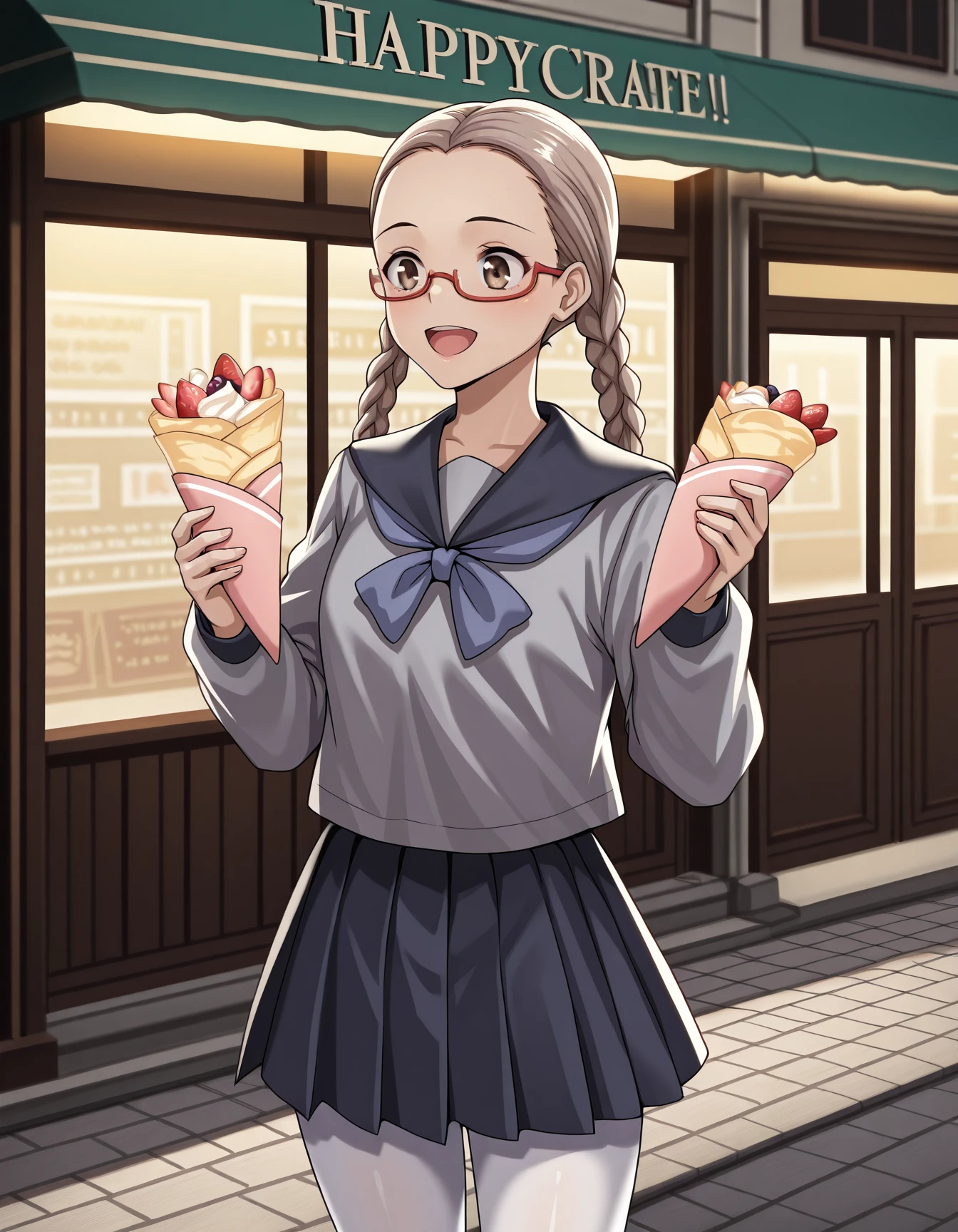 <lora:13sentinels-000020:1> 1girl, solo, tomi, forehead, twin braids, red-framed eyewear, semi-rimless eyewear, under-rim eyewear, serafuku, pleated skirt, white pantyhose, crepe, sidewalk, happy, cowboy shot, storefront
masterpiece, best quality, cinematic lighting