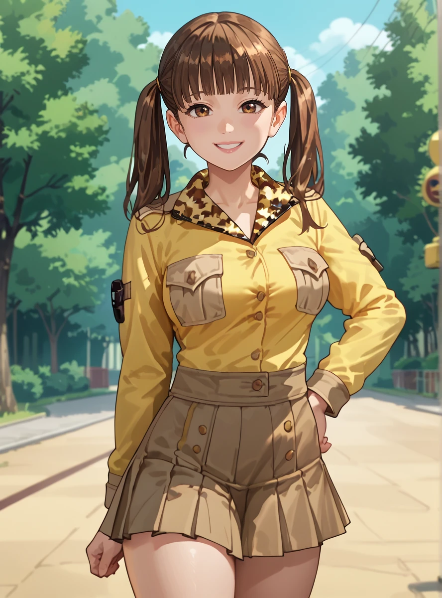 score_9, score_8_up, score_7_up, anime screencap, anime screencap, anime coloring, uncensored, <lora:natsukimamiya:1>natsukimamiya, 1girl, solo, twintails, skirt, brown hair, smile, looking at viewer, brown eyes, bangs, uniform, long sleeves pleated skirt,thick thighs, large breasts, adult