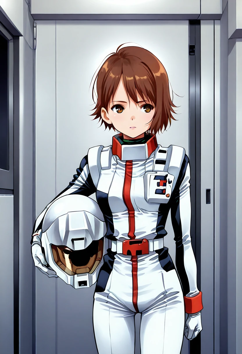 masterpiece, best quality, good quality, 1girl, londobell pilotsuit, wearing helmet, white pilotsuit. asuna elmarit, short hair, brown eyes, brown hair