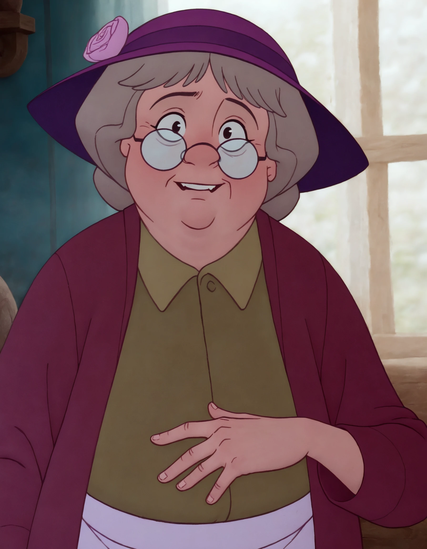 highly detailed,absurdres,best quality,masterpiece,very aesthetic,overweight,elderly woman,coat,shirt,apron,gray updo hair,round glasses,pink hat with a flower,<lora:Widow Tweed_(Illustrious):0.8>,(front view),pose,
