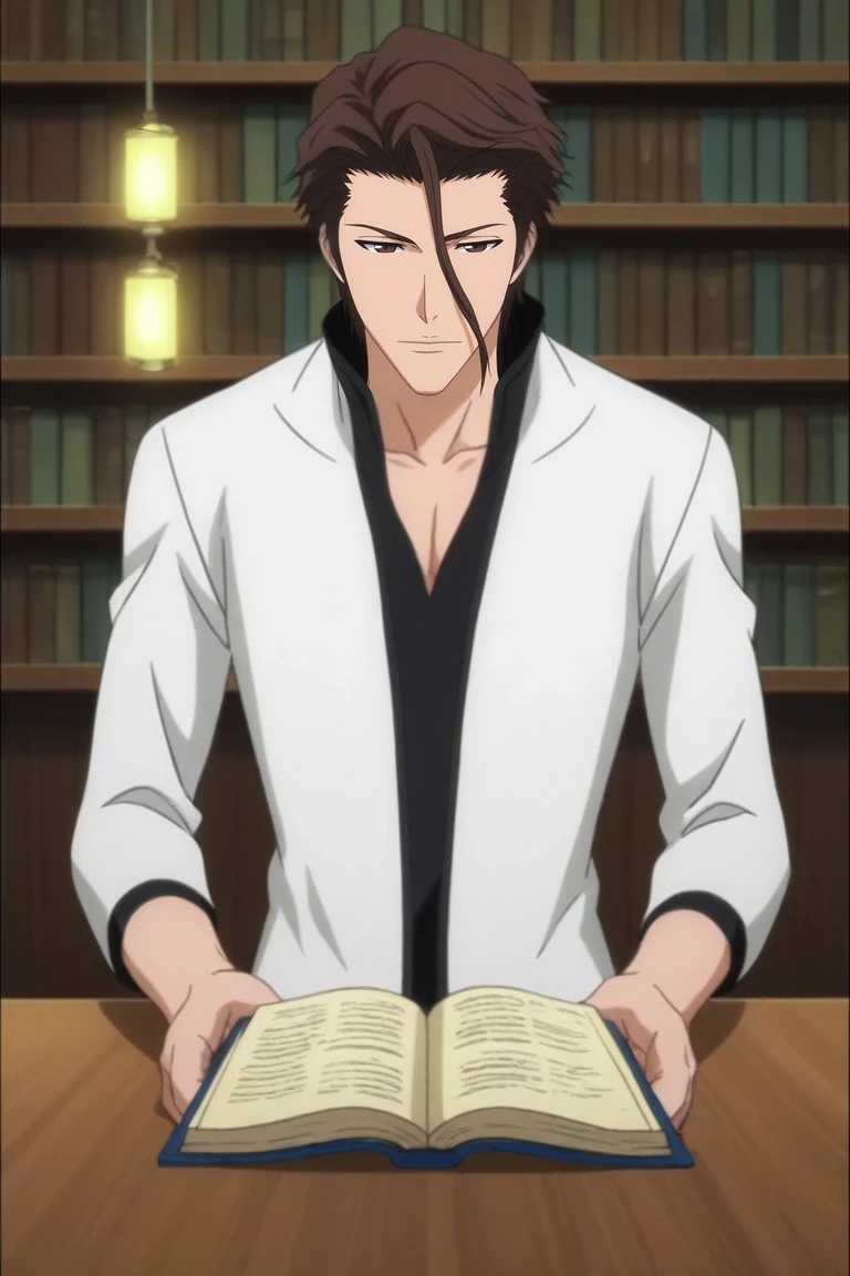 score_9, score_8_up, score_7_up, , rating_safe, , anime screencap, anime coloring, official style, , 1boy, solo, male focus, <lora:sousuke_aizen_pony:0.94>, sousuke_aizen, brown hair, brown eyes, short hair, hair between eyes, hair slicked back, modern library, towering bookshelves, cozy nooks, glowing desk lamps, studying pose, focused expression, warm ambiance, , <lora:sdxl_lightning_8step_lora:1>