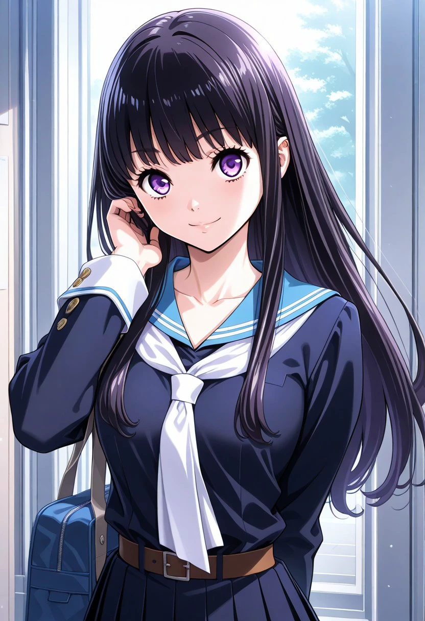 score_9, score_8_up, score_7_up, source_anime,(extremely detailed CG), (best quality),aoyagi,purple eyes,black hair,
1girl,school uniform, long hair, skirt, serafuku, bag, smile, looking at viewer, pleated skirt, bangs,from front,upper body,looking at viewer,looking at viewer,