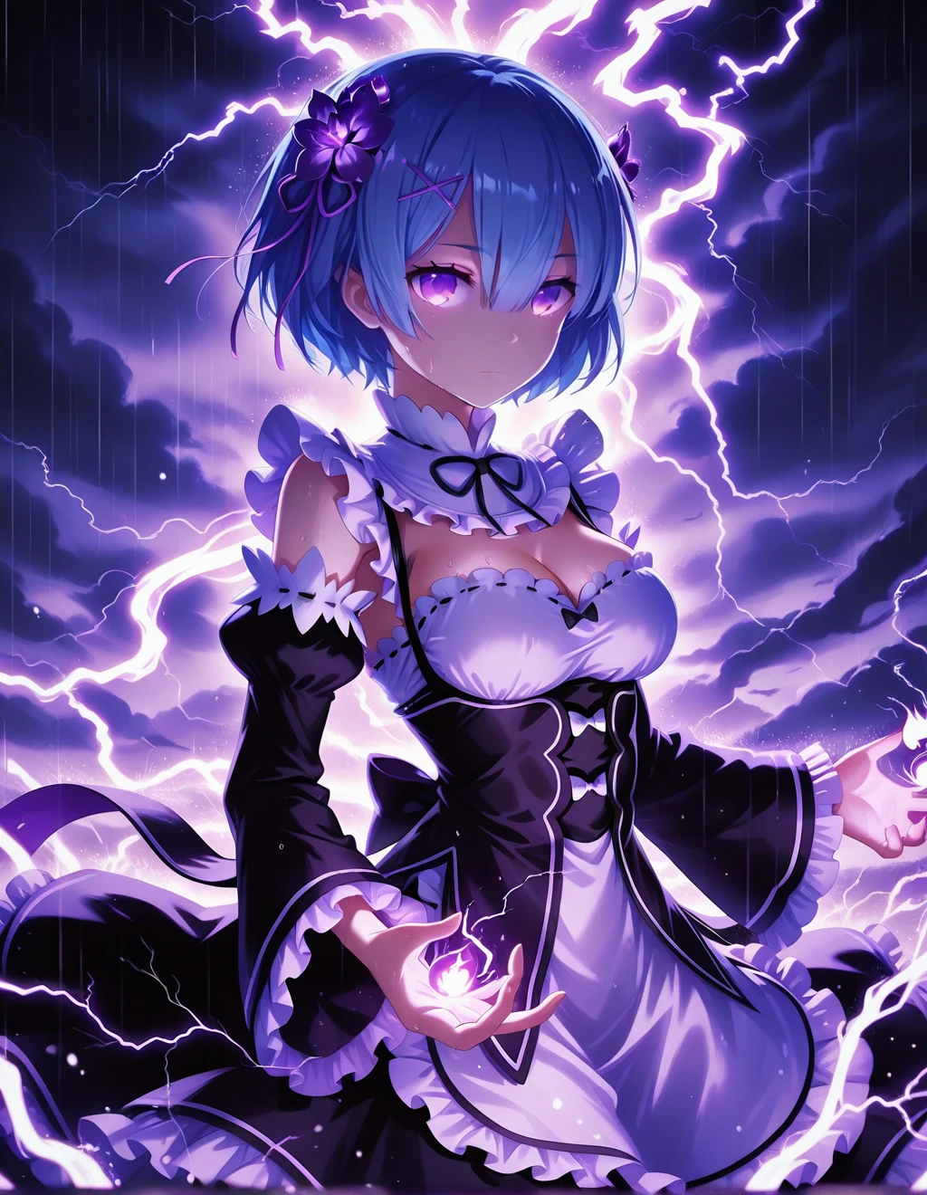 phnk, 1girl, solo, dim light, dark, silhouette, breasts, looking at viewer, short hair, bangs, hair ornament, long sleeves, dress, bow, ribbon, cleavage, hair between eyes, bare shoulders, medium breasts, closed mouth, blue hair, purple eyes, hair ribbon, flower, frills, detached sleeves, hair flower, wide sleeves, black dress, detached collar, glowing, frilled sleeves, rain, magic, roswaal mansion maid uniform, lightning
