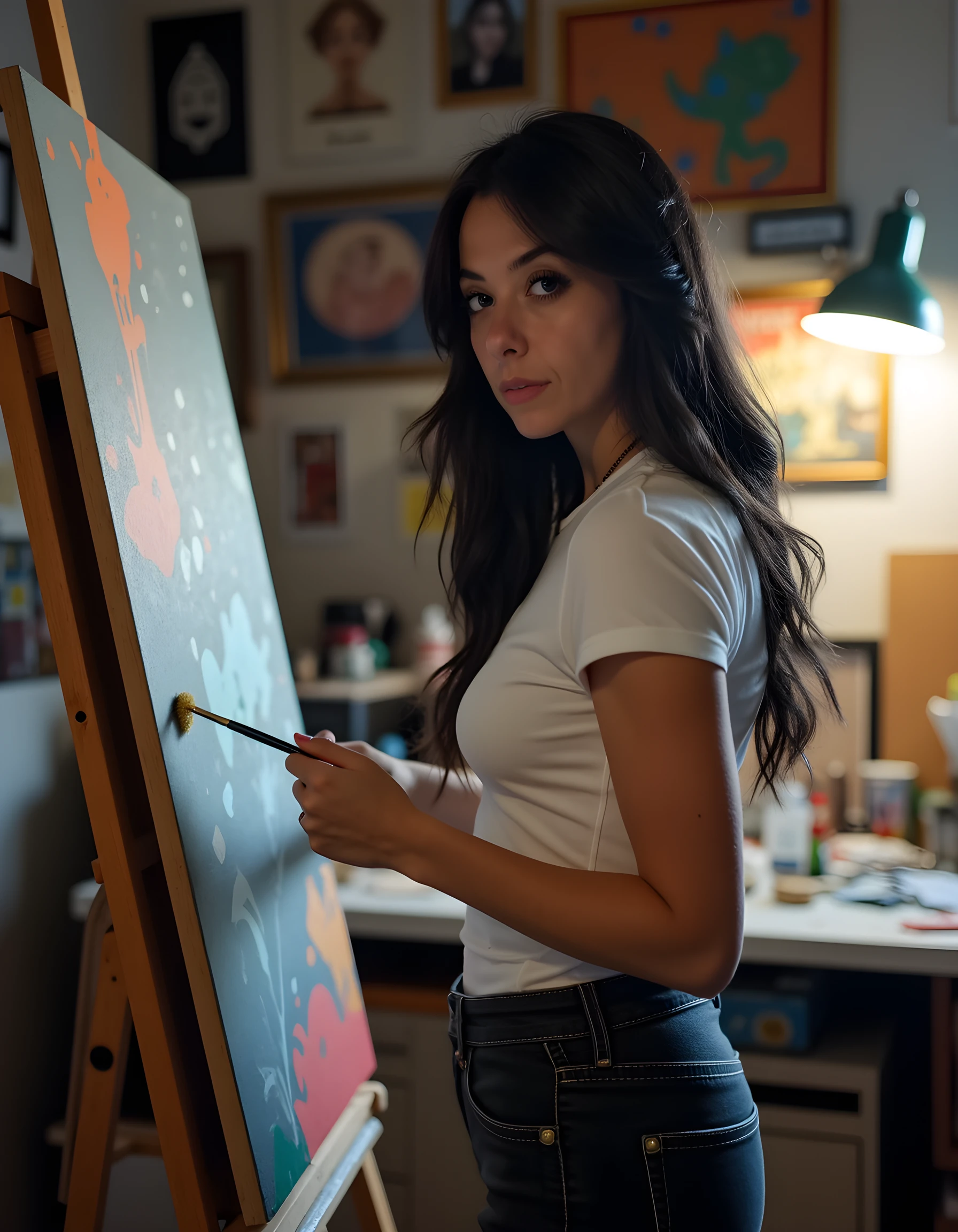 arafed woman sitting on the floor drawing on a canvas, model drawing, drawing, drawing, student artist, drawing on a canvas, drawing art, an artistic pose, drawing, 1 sexy girl in the studio, drawing come to life, in his art room, oil paint, art drawing, portrait of a female student artist, Paiting, artistic drawing, high detail, soft light