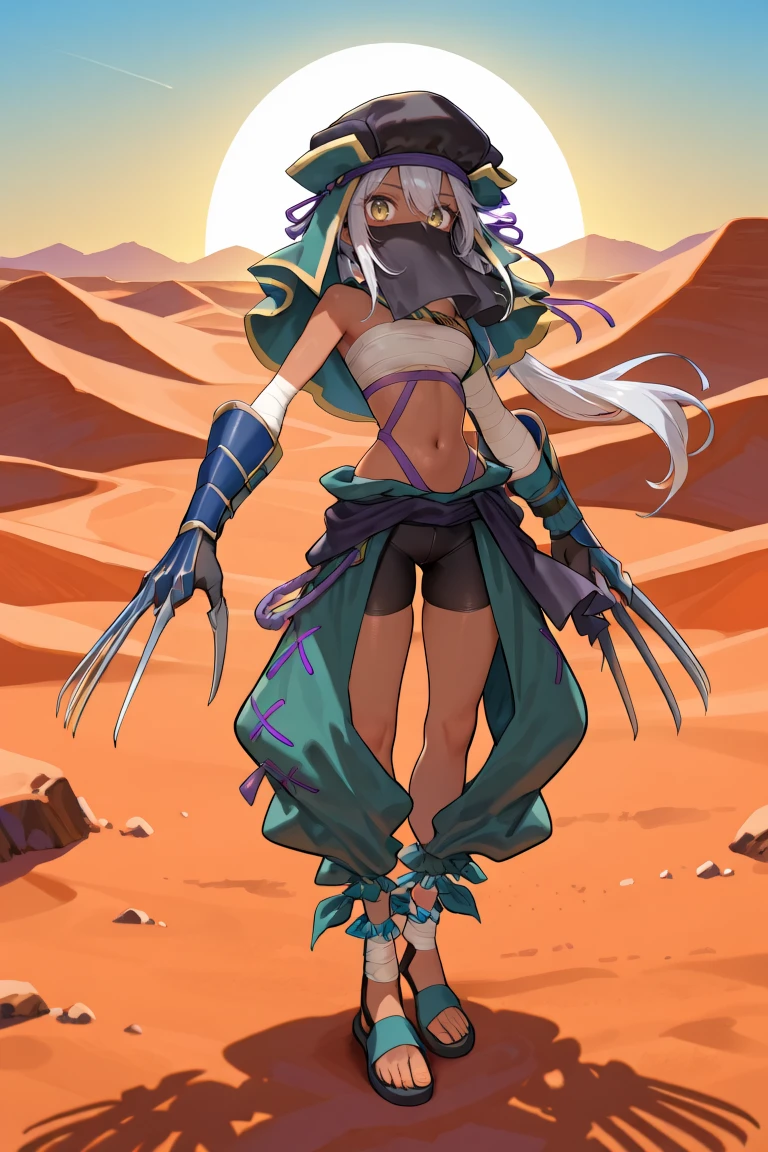 masterpiece, very aesthetic, absurdres, best quality, amazing quality, high resolution, newest, very awa, <lora:illustrious_quality_modifiers_masterpieces_v1:0.8> , <lora:ChamIllustriousBackgroundEnhancer:0.5>, ((solo)), <lora:AmareusIL:1> , amadef, 1girl, dark skin, yellow eyes, long hair, white hair, side ponytail, hat, ribbon, mouth veil, covered mouth, sarashi, bandaged chest, midriff, sash, bandaged arm, blue vambraces, claw (weapon), bike shorts, detached pants, bandaged ankle, ankle wrap, black sandals, full body, exterior, desert, sun, looking at viewer,