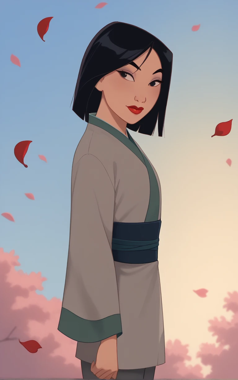 score_9, score_8_up, score_7_up, looking at viewer, BREAK
GreyDressMediumHair_Fa_Mulan_ownwaifu,
1girl, black hair, black eyes, medium hair, bangs, red lips, lipstick, dark skin, dark-skinned female, makeup,
grey dress, long sleeves, japanese clothes, green kimono, grey pants,
(contrapposto, from side, looking down, cowboy shot), falling petals, red petals, simple background, bokeh, <lora:PONYXL_Fa_Mulan_Movie_ownwaifu:0.85>, solo,