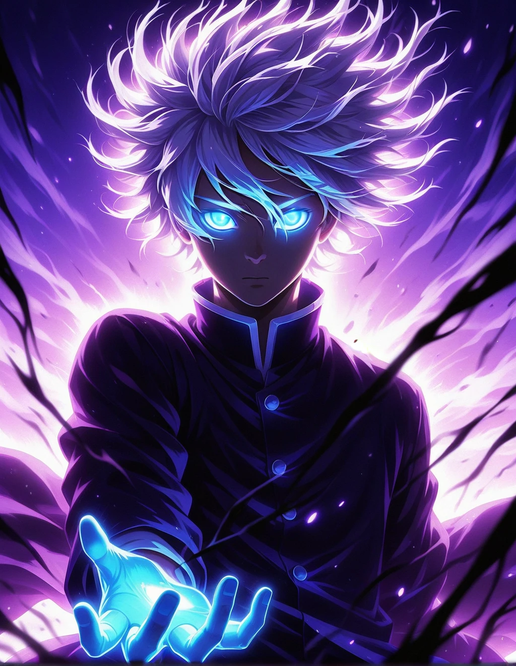 phnk, 1man, Satoru Gojo, solo, silhouette, glowing blue eyes, white hair, short hair, floating hair, watching at viewer
