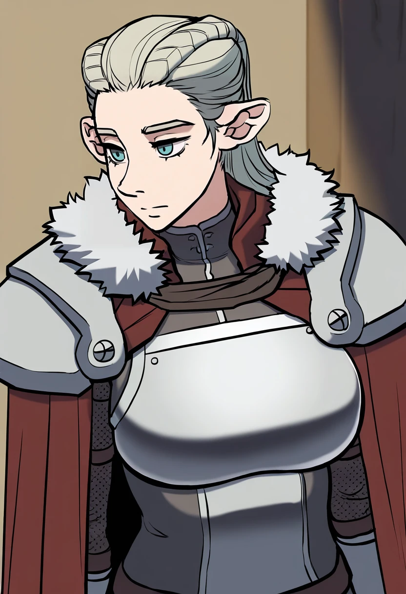 <lora:commanderIL:0.75>, erkcommander, 1girl, solo, cape, fur trim, armor, tsuji santa, masterpiece, best quality