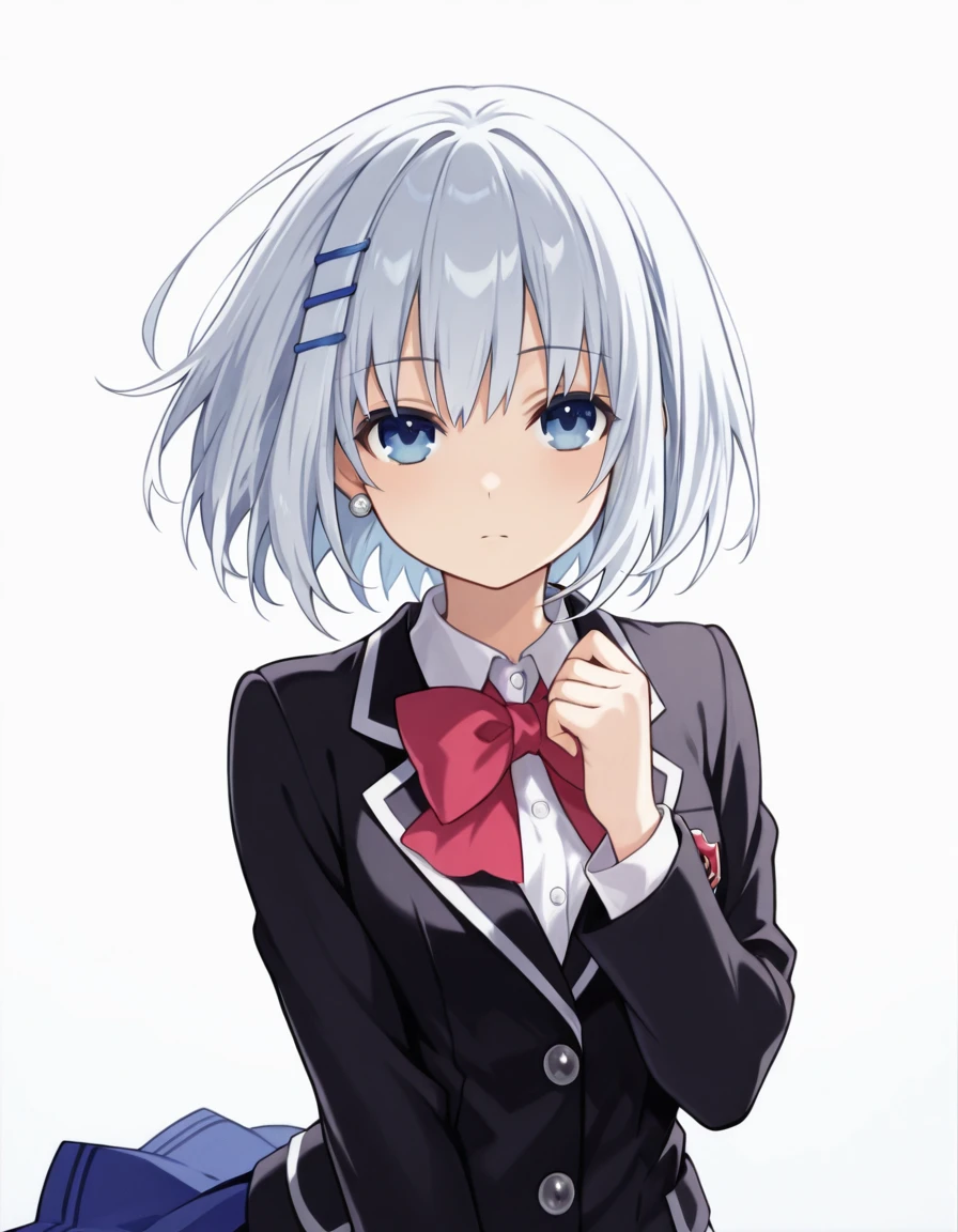 (masterpiece), (best quality), (ultra-detailed), SchoolOrigami, tobiichi origami, 1girl, short hair, blue eyes, school uniform, socks, ori_hairclip, rzn blazer, rzn skirt, (((detailed face))), (upper body), white background, hand up, detailed fingers, looking at viewer, illustration, disheveled hair, detailed eyes, perfect composition, moist skin, intricate details, earrings