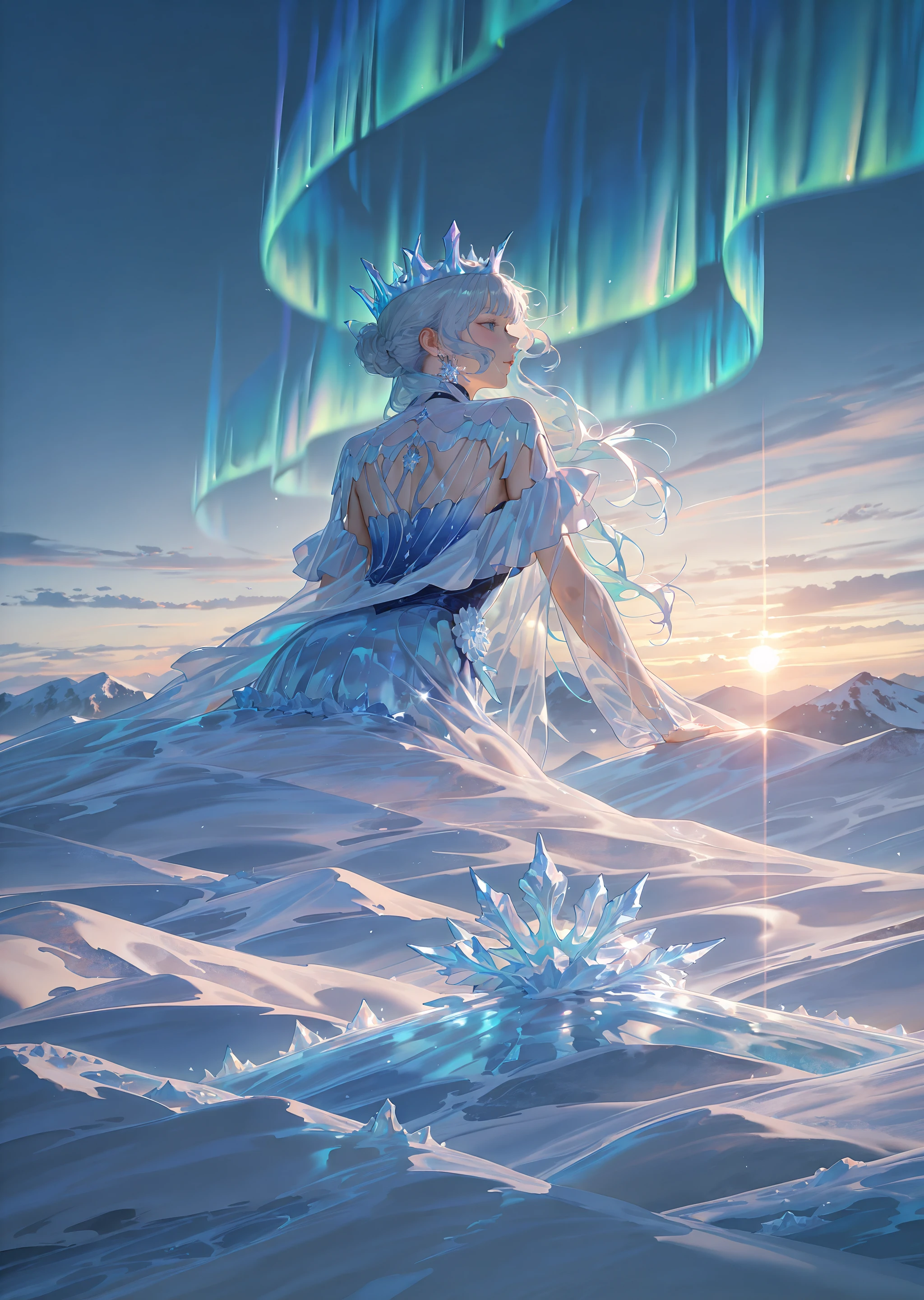 perfect quality, best quality, detailed, intricate, realistic, abstract winter ice landscape, flowing icy flowers, aurora <lora:Frost [Illustrious]_epoch_4:0.5> frost_glass, scenery, outdoors