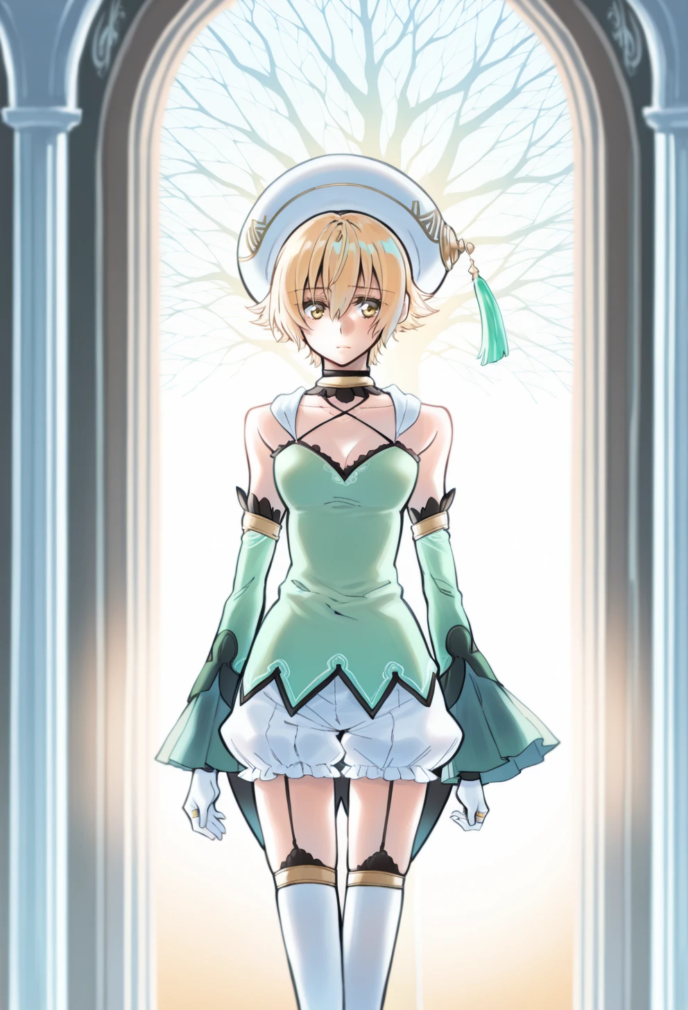 masterpiece, best quality, high quality, anime, solo,
<lora:AEAtoli AEShino:1>
AEAtoli, yellow eyes, blonde hair, short hair, small breast,
beret, white headwear, hat tassel, green tassel, White cape, choker, criss-cross halter, halterneck, cleavage, bare shoulders, green dress, detached sleeves, green sleeves, long sleeves, White gloves, jewelry, ring, frills, White bloomers, zettai ryouiki, garter straps, White footwear, thigh boots, high hells,
<lora:AERingoIlx:1>
white tree, glowing tree, straight-on,