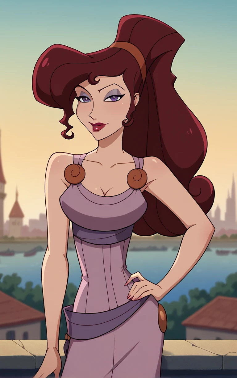 score_9, score_8_up, score_7_up, BREAK
MainOutfit_Megara_ownwaifu,
1girl, big hair, breasts, curly hair, eyelashes, hair bun, high ponytail, long hair, makeup, narrow waist, purple eyes, purple eyeshadow, red hair, red hairband, red lips, lipstick, medium breasts, dark skin, dark-skinned female, hair over one eye, collarbone,
purple dress, sleeveless dress, cleavage, clothes around waist, sleeveless, bare shoulders, long dress,
(contrapposto, hand on hip), sunset, sidelighting, cityscape, vanishing point, outdoors, <lora:PONYXL_Hercules_Megara_ownwaifu:0.9> , depth of field, solo,