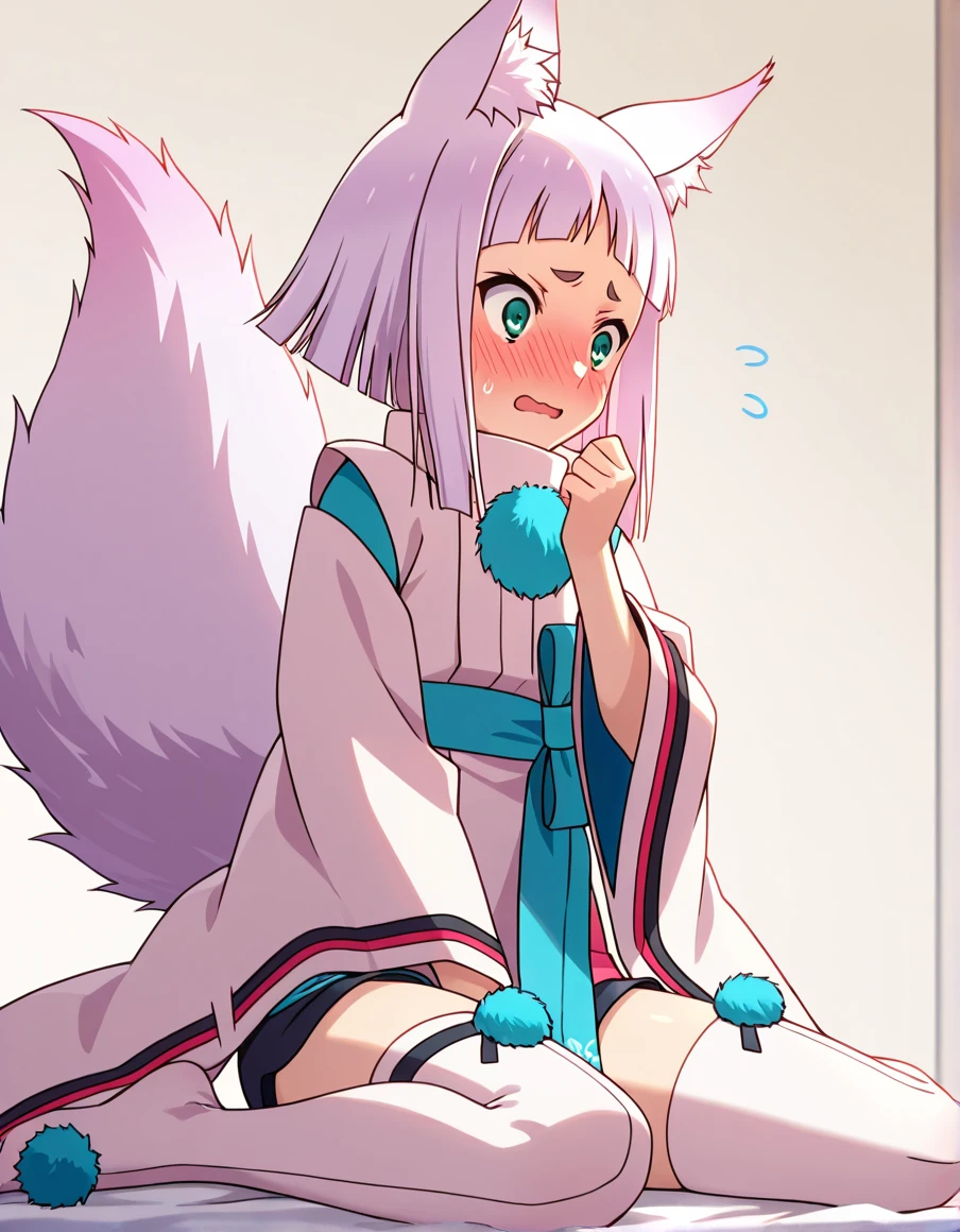 (masterpiece, best quality:1.2),1girl,solo,upper body,cowboy shot,1girl,solo,long_hair,bangs,blue_eyes,animal_ears,white_hair,dog_ears,side_ponytail,coat,animal_ear_fluff,white_coat,long_sleeves,tail,shoes,shorts,socks,bike_shorts,sneakers,