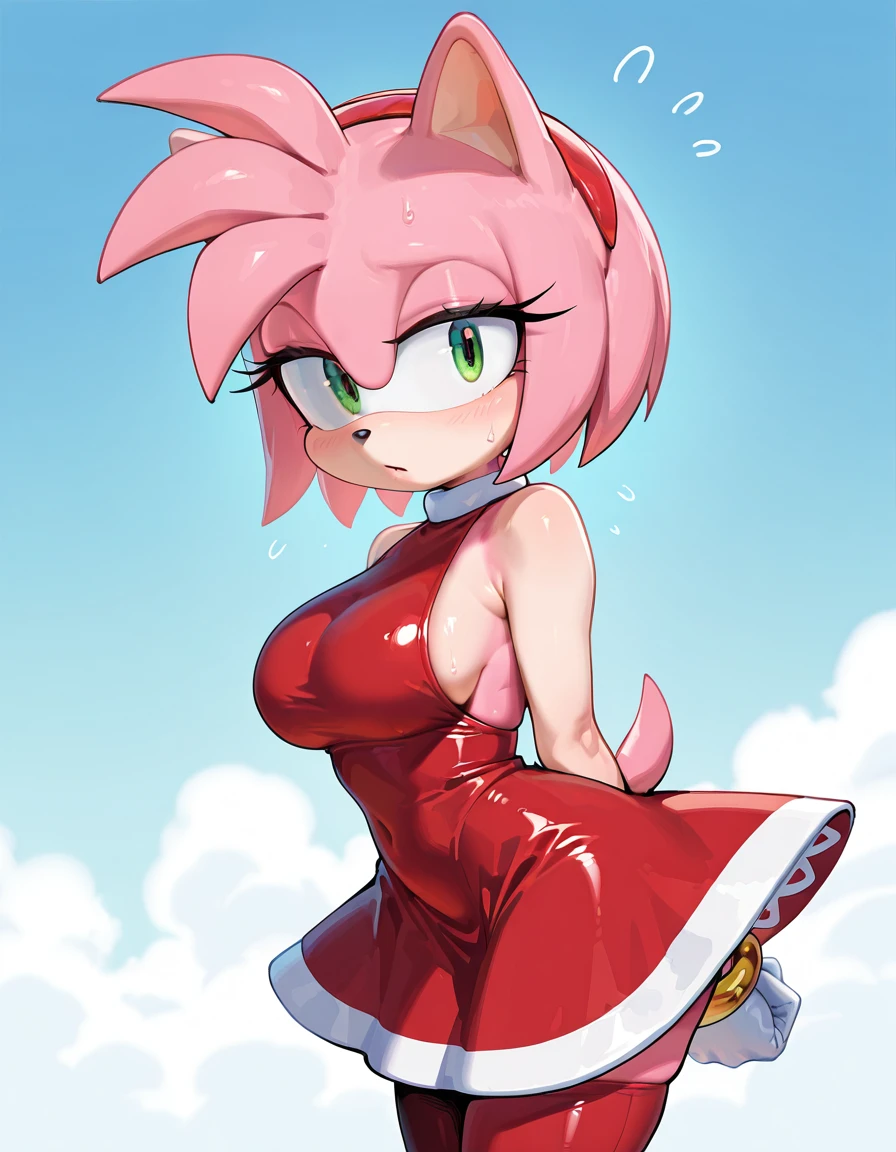 <lora:Zankuro_Style_v4:0.8>,
medium breasts,
((masterpiece,best quality)), absurdres,
red dress,
<lora:AmyRose_v2_Retrain_R:1> amy rose, pink skin,