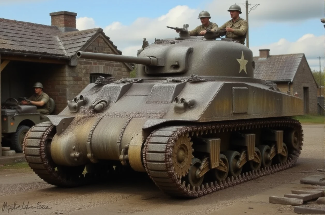 dirty tank picked, covered in dirt and bird droppings. A whole bunch of pigeon are sitting on the cannon.
frflytnk, vehicle focus, 
<lora:Sherman_Firefly_Tank_SDXL:0.7>