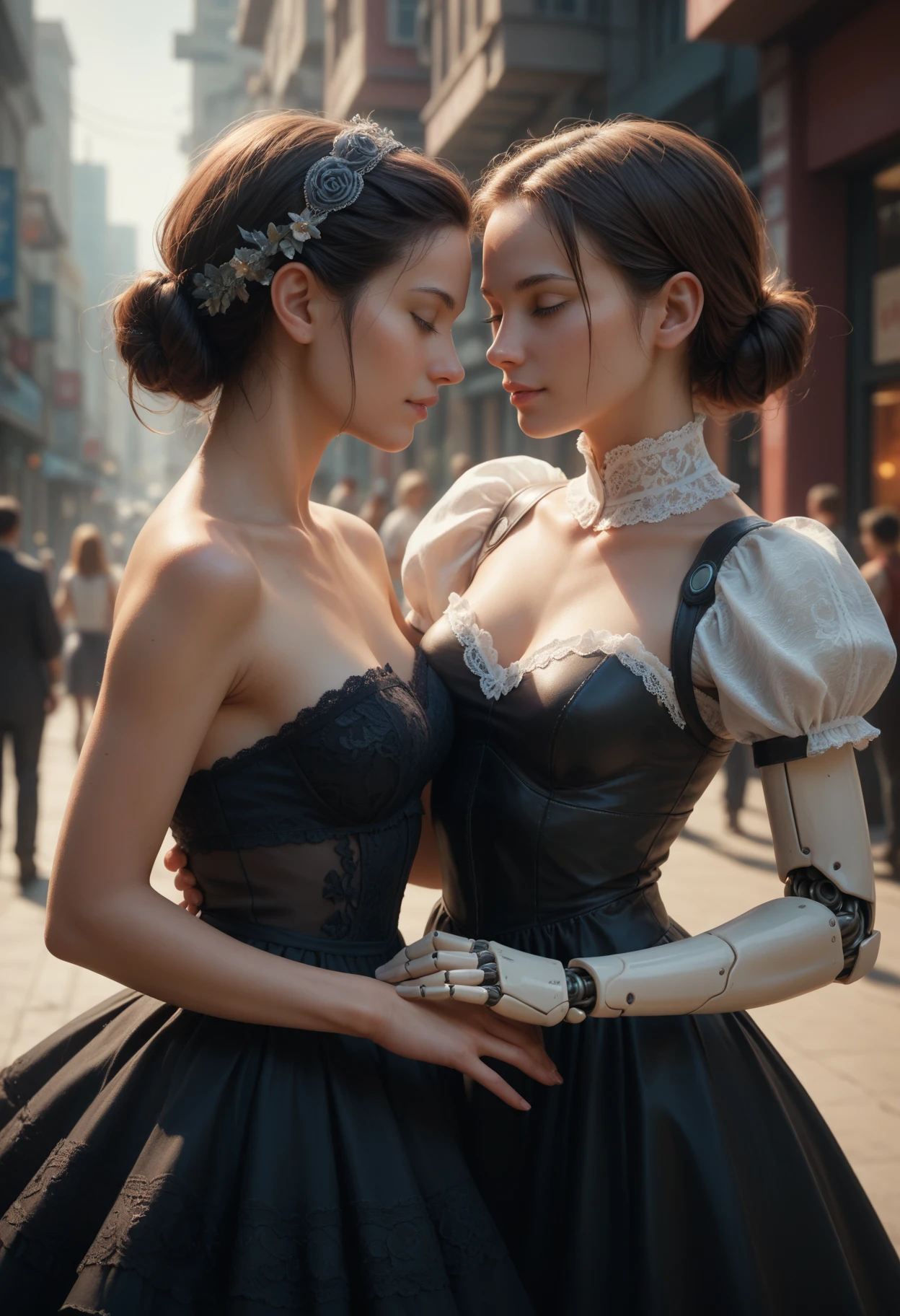 score_9, score_8_up, score_7_up, score_6_up.
futuristic, 2 women, dancing, female android, (joints:1.2), lace dress, frills, puffy shoulders, head focus, outdoor.
Realistic, fine texture, fine details