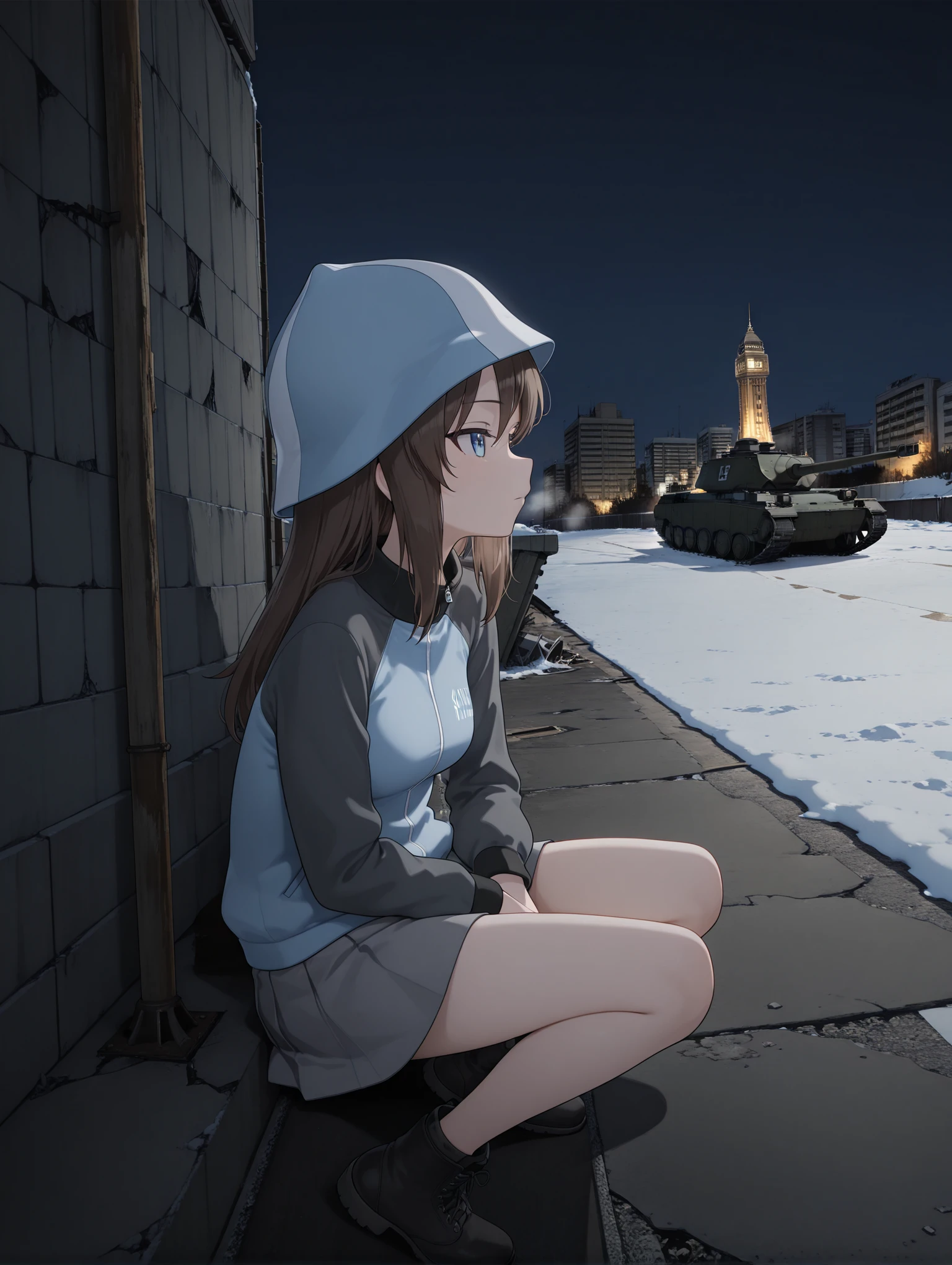 masterpiece,best quality,amazing quality,
1girl,solo,
<lora:mika_ilxl_v1>,mika,m_hat,m_pg,keizoku military uniform,raglan sleeves,zipper,long_sleeves,grey skirt,ankle boots,
<lora:H_S_area_ilxl_v1:1>,Service_area00,tank,rubble_ruins,black smoke,(sitting_on_tank:1.2),skyscrapers,road,building,motor vehicle,street,looking ahead,profile,expressionless,night,snow,ice,portrait,looking_up,tower,looking ahead,panorama,, masterpiece,best quality, very aesthetic, absurdres, ultra detailed, high resolution, 4k, extremely detailed CG,