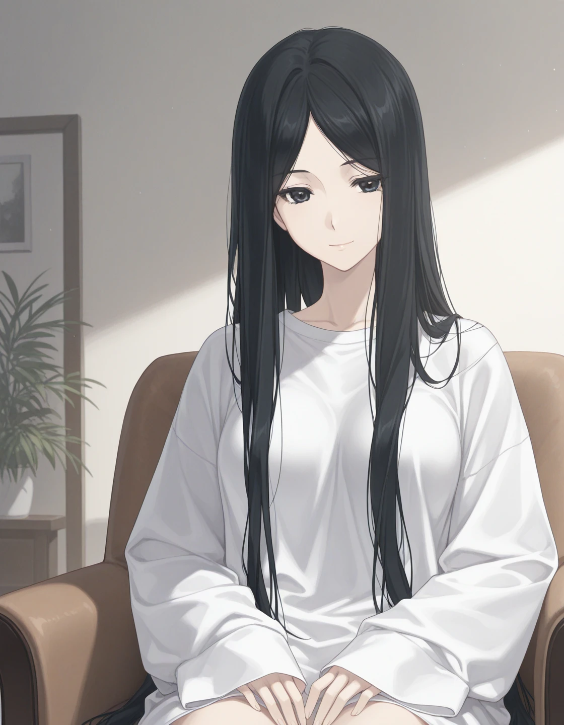 1girl, solo, satsuki_IG, black hair, very long hair, parted bangs, black eyes, light smile, white shirt, oversized shirt, sleeves past wrist, medium breasts, sitting on chair, indoors, living room, light theme <lora:satsuki_ilxl_v1:0.7>