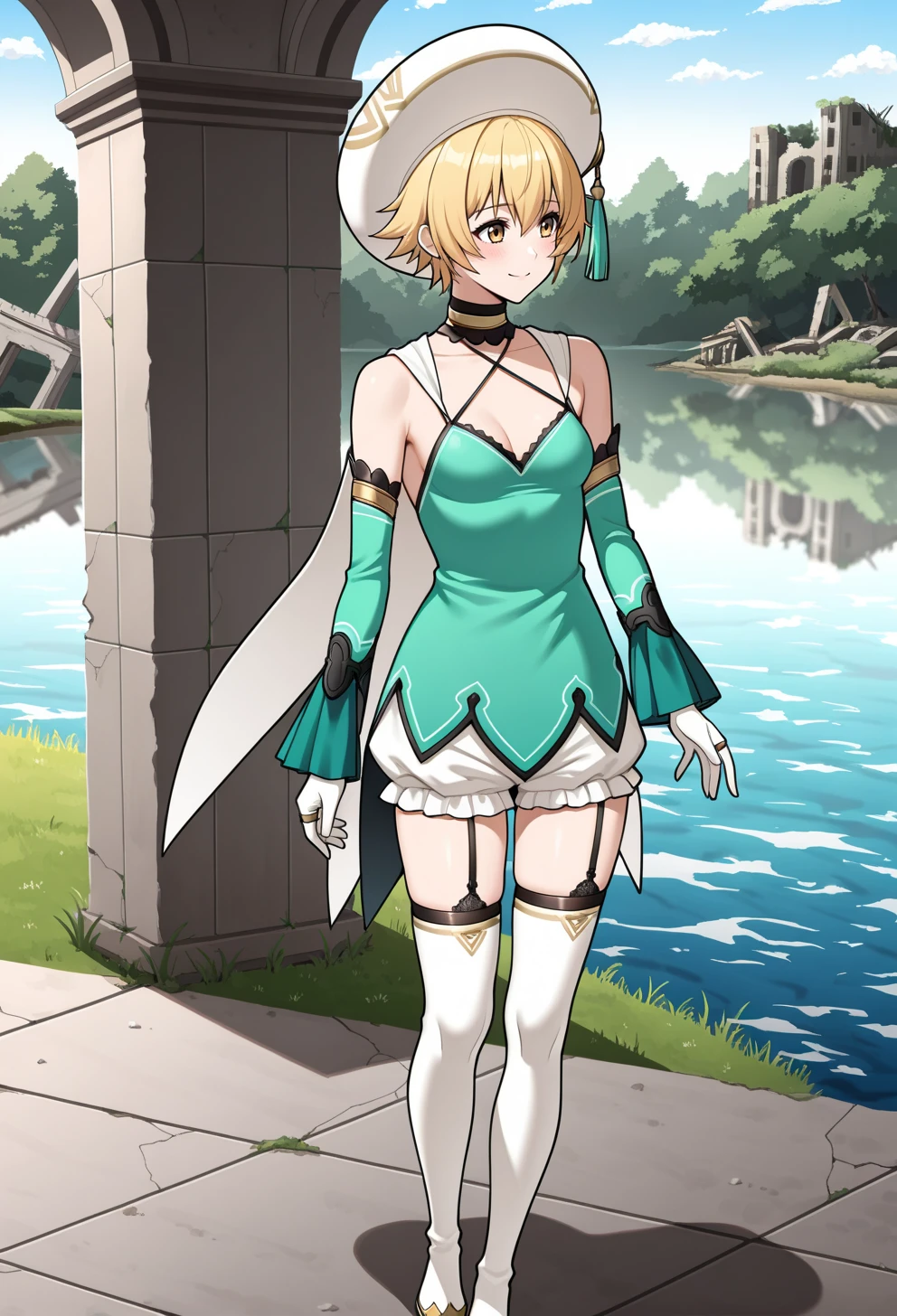 masterpiece, best quality, high quality, anime, <lora:AEAtoli AEShino:0.85>
AEAtoli, yellow eyes, blonde hair, short hair, small breast,
beret, white headwear, hat tassel, green tassel, White cape, choker, criss-cross halter, halterneck, cleavage, bare shoulders, green dress, detached sleeves, green sleeves, long sleeves, White gloves, jewelry, ring, frills, White bloomers, zettai ryouiki, garter straps, White footwear, thigh boots, high hells,
full body, light smile, outdoors, ruins, grass, lake, blue sky, looking afar,