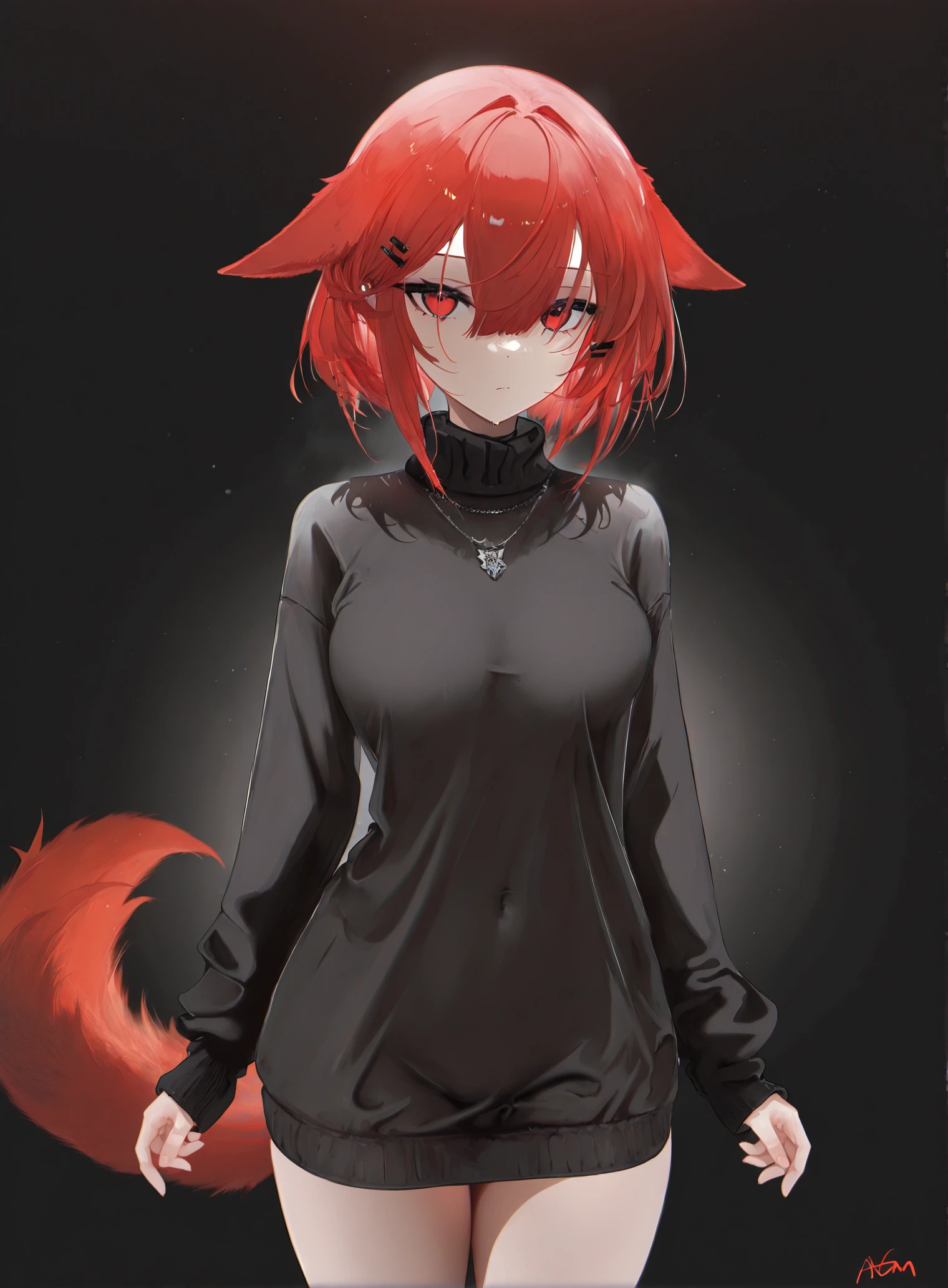masterpiece, best quality, amazing quality, very aesthetic, absurdres, newest, anemo agm,
1girl, solo, Crownslayer, animal ears, tail, red hair, short hair, hairclip, red eyes, bangs, hair between eyes, looking at viewer,
black sweater, (sweater dress:1.25), (turtleneck:1.00005), necklace, cowboy shot