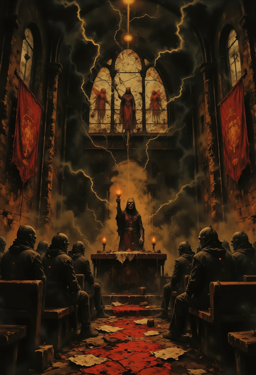 A desolate gothic chapel, its stone walls streaked with blood and covered in ivy. At the altar, a priest with glowing red eyes and hollow cheeks raises a chalice of blood, surrounded by shadowy, hooded acolytes. The pews are filled with lifeless, mummified figures frozen in prayer. Shattered stained-glass windows depict angels turned to demons, while lightning flashes outside, casting a momentary glow over the grisly scene.