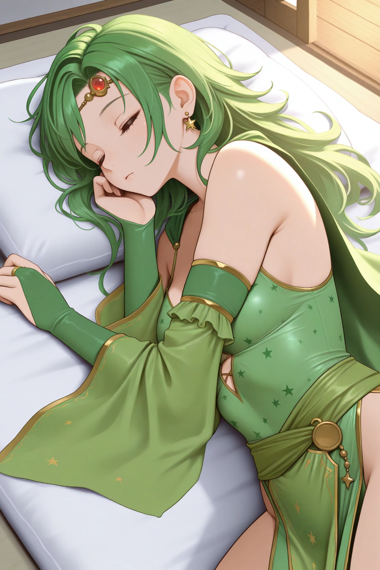 masterpiece, best quality, 1girl, solo <lora:ffrydia-illu-nvwls-v1-000006:1> ryd1a, green hair, long hair, circlet, star earrings, green cape, green dress, pelvic curtain, green leotard, detached sleeves, bridal gauntlets, lying on side, sleeping, head rest, closed eyes, futon, indoors, upper body, pillow
