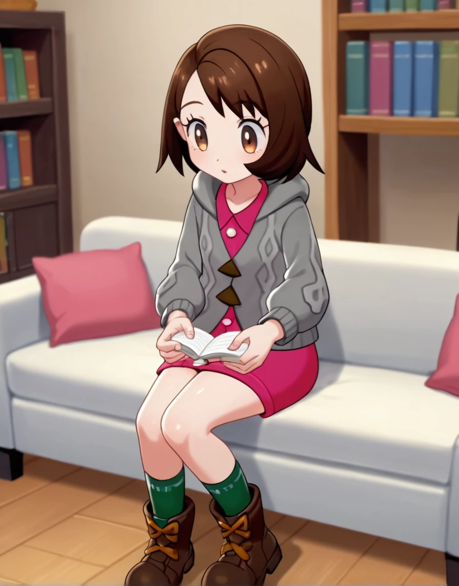 score_9, score_8_up, score_7_up, score_6_up, score_5_up, score_4_up, BREAK source_anime, ((anime screencap)), <lora:SwordandShield-10:0.7> 1girl, gloria \(pokemon\), couch, pink dress, cardigan, indoors, grey cardigan, dress, brown hair, sitting, socks, bob cut, green socks, boots, holding, brown footwear, solo, short hair, brown eyes, buttons, book, hooded cardigan, tam o' shanter, table