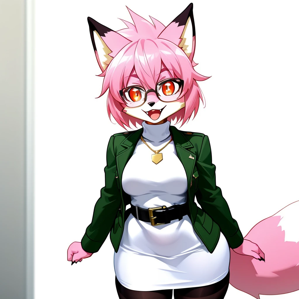 solo, female, feline, cat, silver tabby, green eyes with yellow sclera, short dark maroon hair, alleyway, standing, snout, pink nose and pink inner ear, big breasts, ((red glasses)), (((by spuydjeks, by bebebebebe))), ((by spikedmauler)), (((red c-string))), (yellow graphic tee shirt), (green bomber jacket), ((very light grey fur with light grey stripes)),