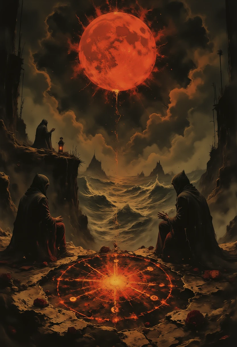 A desolate cliff overlooking a turbulent ocean under a massive blood-red moon. A group of cloaked figures performs a ritual at the edge, their hands raised toward the moon, glowing sigils carved into the rocky ground around them. A swirling portal of darkness begins to form in the center of the sigils, with shadowy tendrils reaching out. The wind carries ashes, and the faint screams of otherworldly creatures echo in the background.