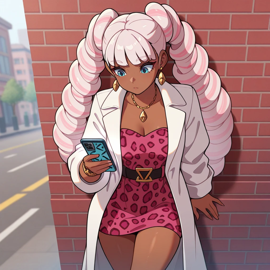 1girl, solo,outdoors, leaning against wall, texting on smartphone, <lora:Twintelle-IL:0.8> twintelle_arms, dark-skinned female, white pink hair, drill hair, twintails, jewelry, earrings,leopard print minidress, white coat, masterpiece, best quality, good quality, newest
