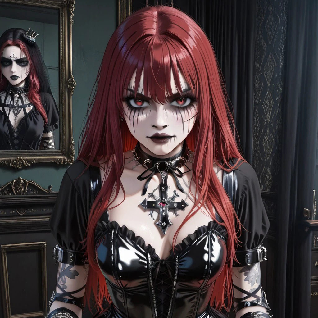 masterpiece, best quality, newest, absurdres, highres, anime, anime style, CorpsePaint-ILV1.0, 1girl, goth, gothic, red hair, dress, black dress, gothic dress