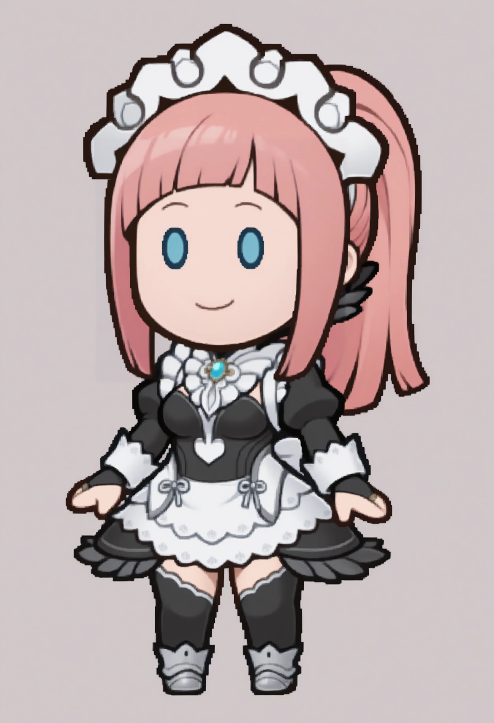 masterpiece, best quality, solo, 1girl, smile, looking at viewer, <lora:PM-TTYD-Sprites-illus_Fp:1>, chibi, simple background, full body, solid oval eyes, <lora:felicia-fe-richy-v1_ixl:1>, f1cdf, blue eyes, pink hair, long hair, ponytail, sidelocks, blunt bangs, maid headdress, black feathered collar, blue brooch, medium breasts, maid, juliet sleeves, maid apron, bridal gauntlets, black thighhighs,